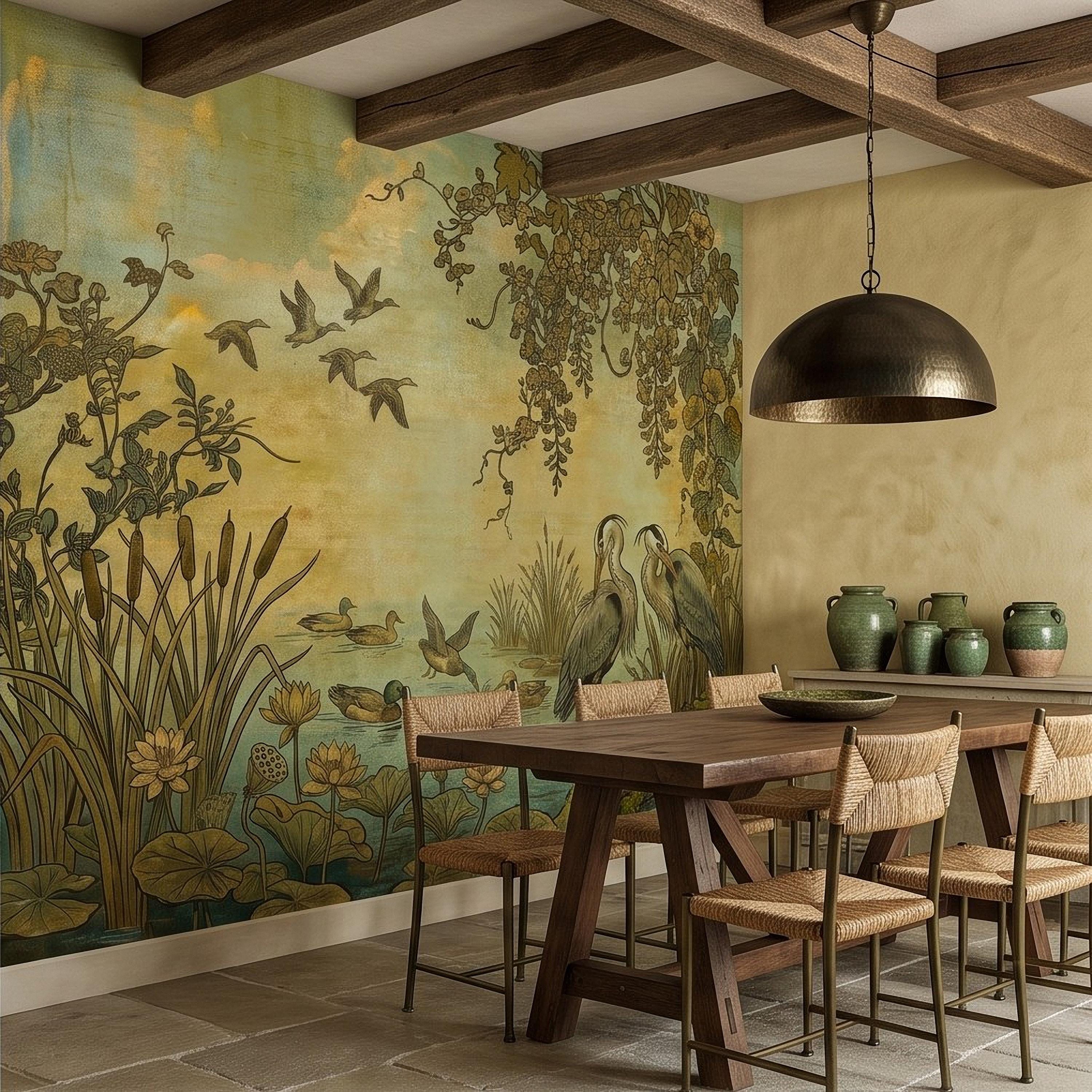 Heron and Waterfowl Peel and Stick Wall Mural, Vintage Botanical Wetland Lotus Flowers Marsh Birds Antique Nature Chinoiserie Wallpaper