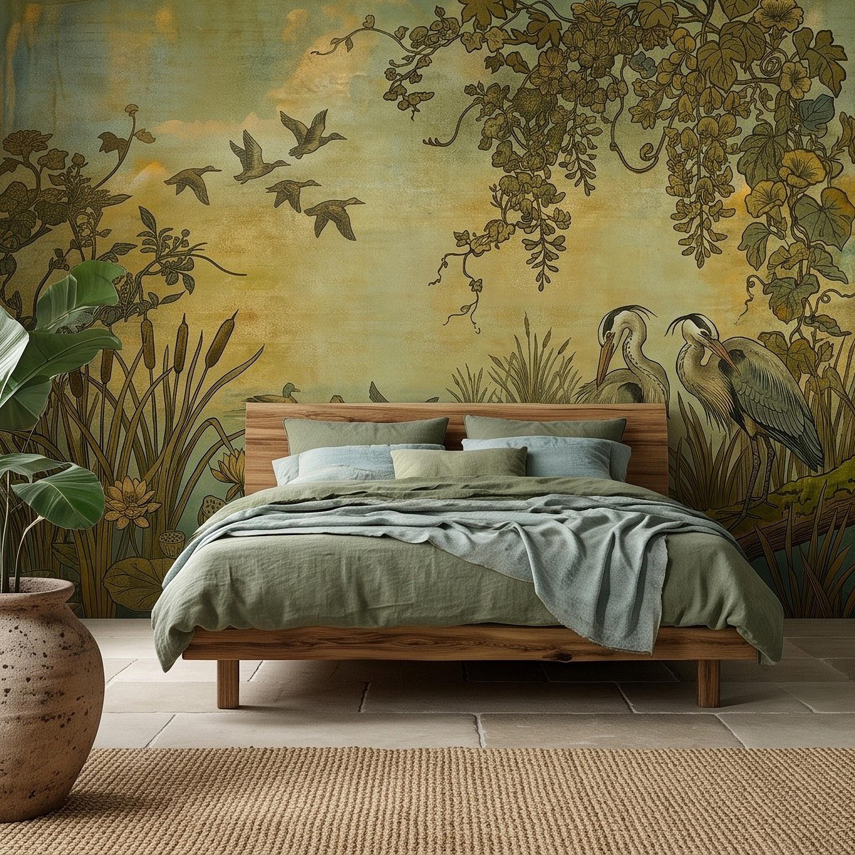 Heron and Waterfowl Peel and Stick Wall Mural, Vintage Botanical Wetland Lotus Flowers Marsh Birds Antique Nature Chinoiserie Wallpaper