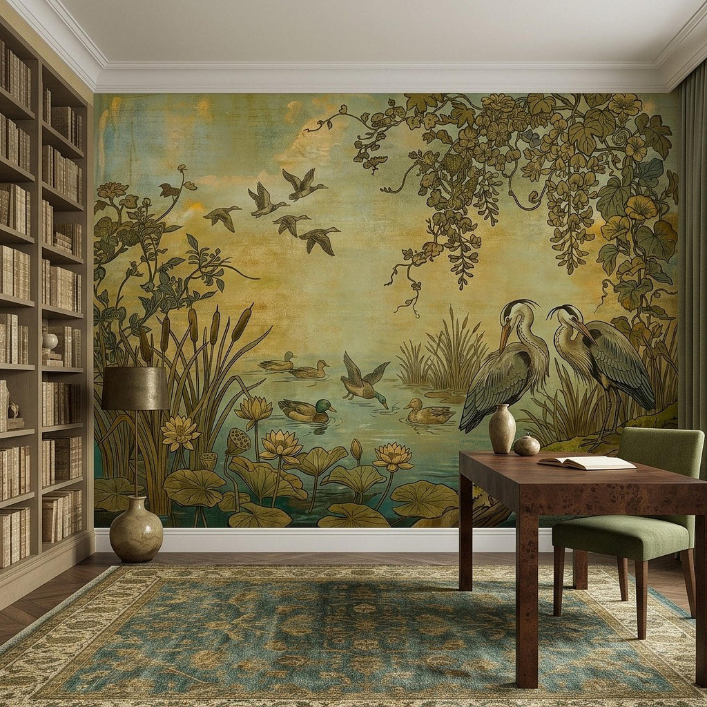 Heron and Waterfowl Peel and Stick Wall Mural, Vintage Botanical Wetland Lotus Flowers Marsh Birds Antique Nature Chinoiserie Wallpaper