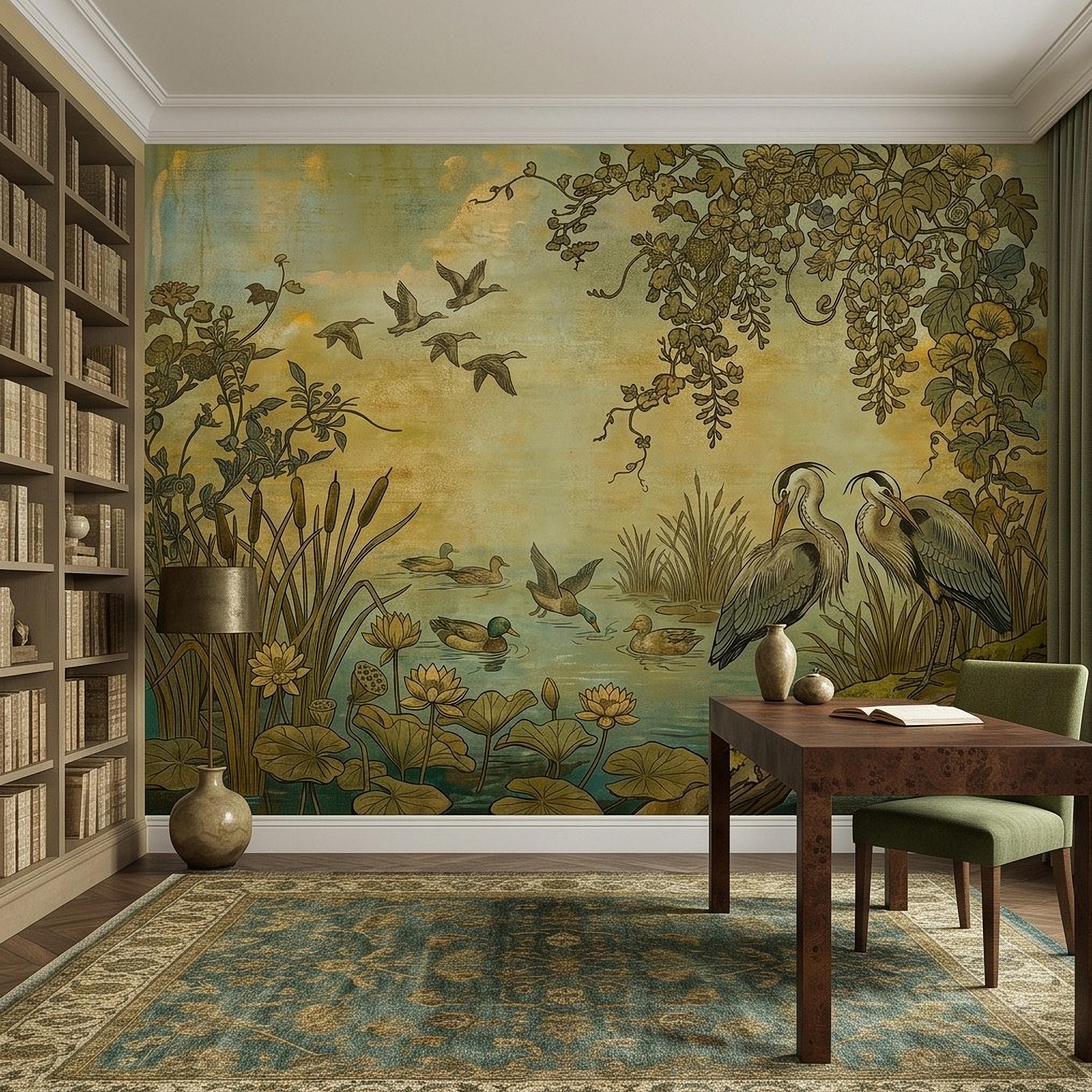 Heron and Waterfowl Peel and Stick Wall Mural, Vintage Botanical Wetland Lotus Flowers Marsh Birds Antique Nature Chinoiserie Wallpaper