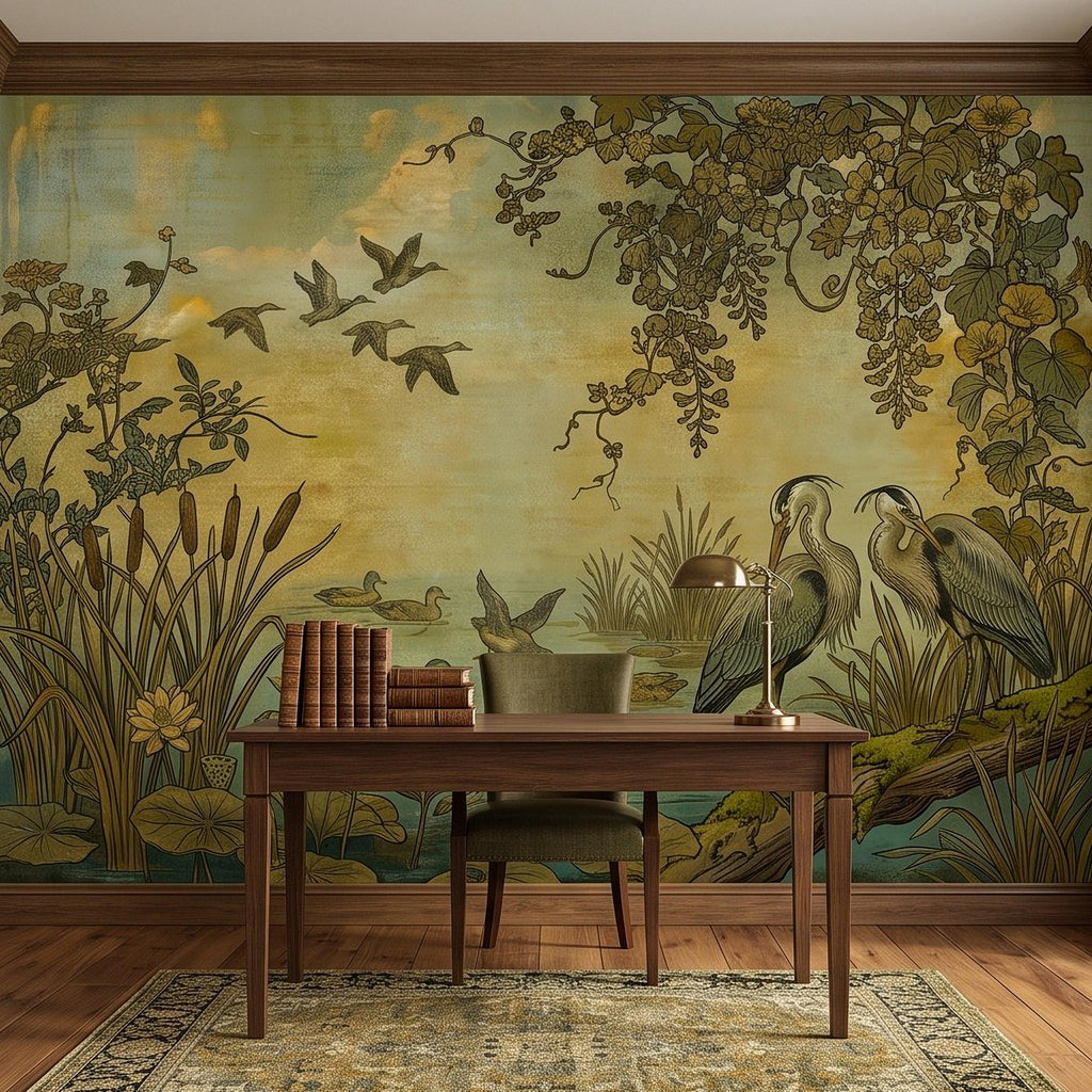 Heron and Waterfowl Peel and Stick Wall Mural, Vintage Botanical Wetland Lotus Flowers Marsh Birds Antique Nature Chinoiserie Wallpaper