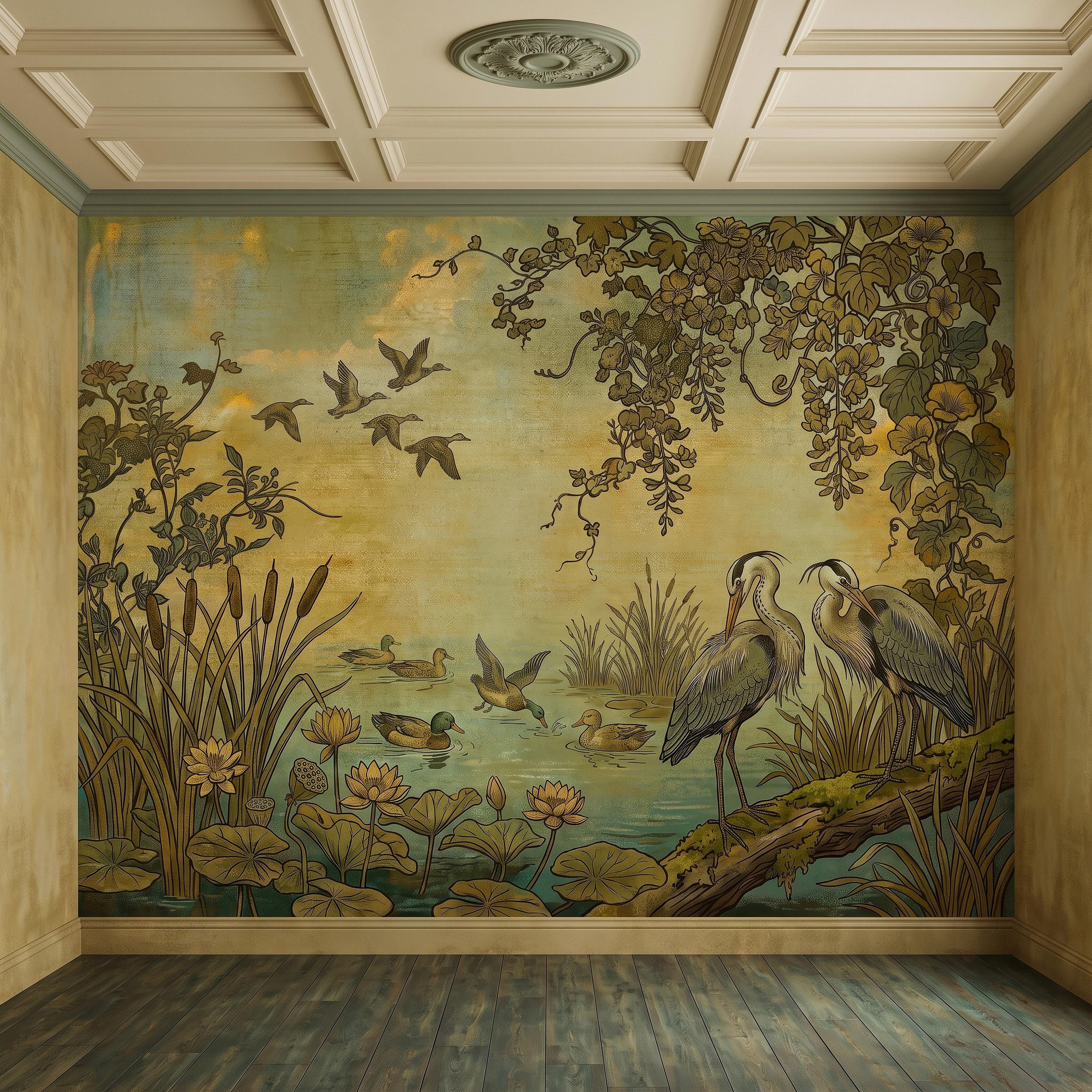 Heron and Waterfowl Peel and Stick Wall Mural, Vintage Botanical Wetland Lotus Flowers Marsh Birds Antique Nature Chinoiserie Wallpaper