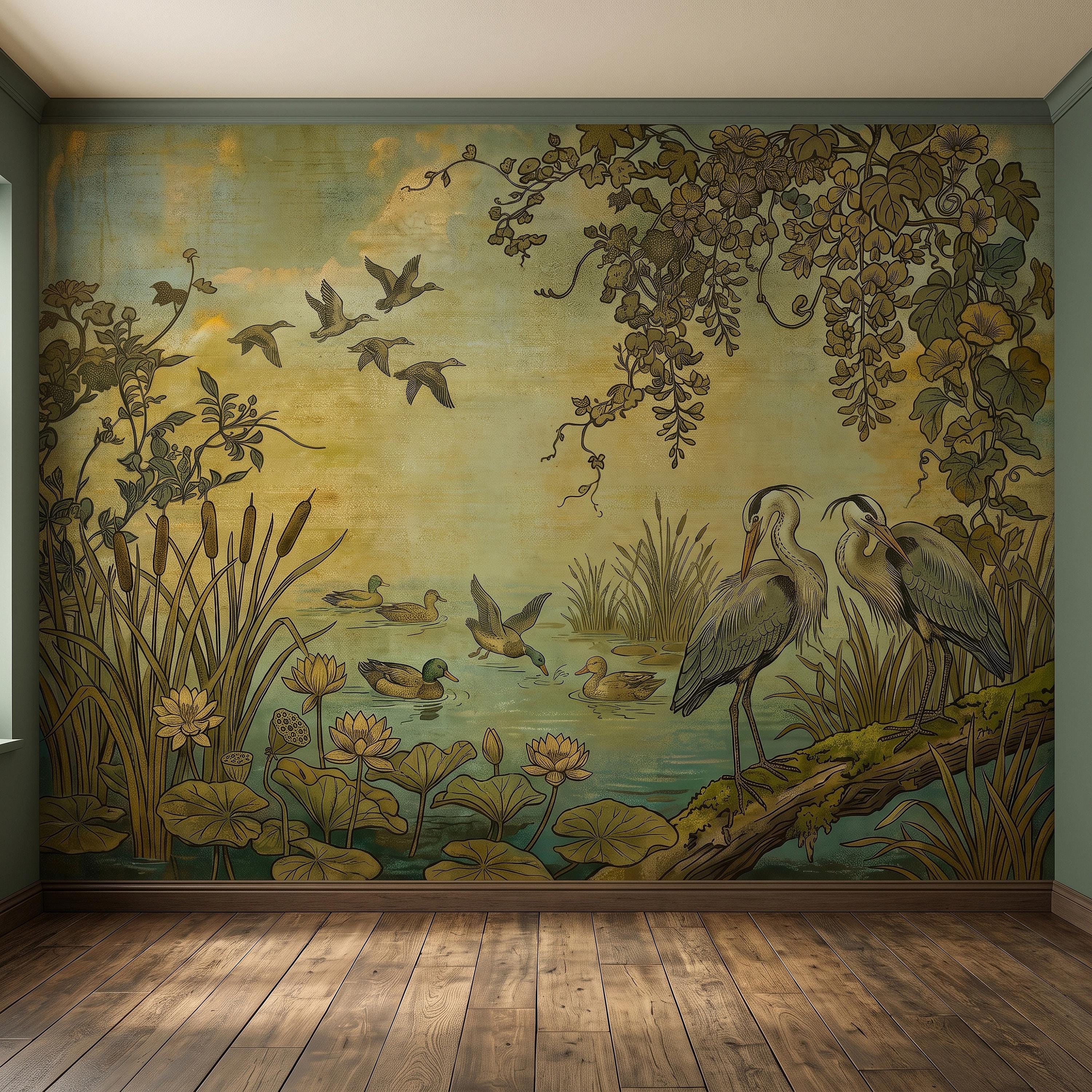 Heron and Waterfowl Peel and Stick Wall Mural, Vintage Botanical Wetland Lotus Flowers Marsh Birds Antique Nature Chinoiserie Wallpaper