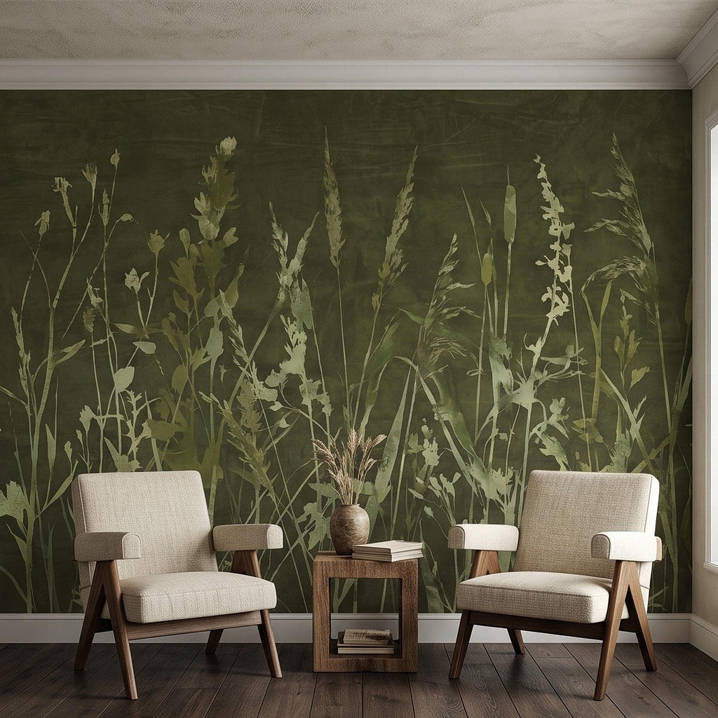 Olive Green Wildflower Peel and Stick Wall Mural, Botanical Meadow Grasses Watercolor Silhouettes Earthy Nature Modern Rustic Wallpaper
