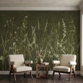 Olive Green Wildflower Peel and Stick Wall Mural, Botanical Meadow Grasses Watercolor Silhouettes Earthy Nature Modern Rustic Wallpaper