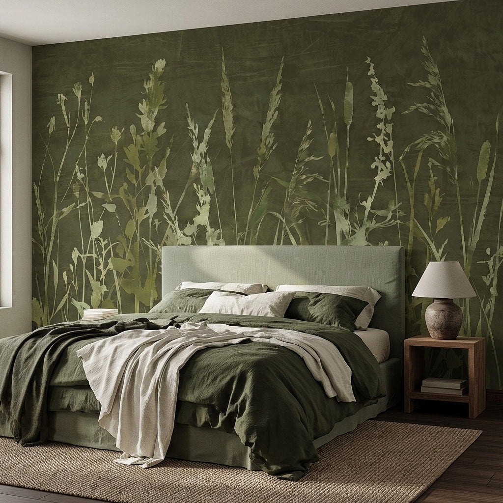 Olive Green Wildflower Peel and Stick Wall Mural, Botanical Meadow Grasses Watercolor Silhouettes Earthy Nature Modern Rustic Wallpaper