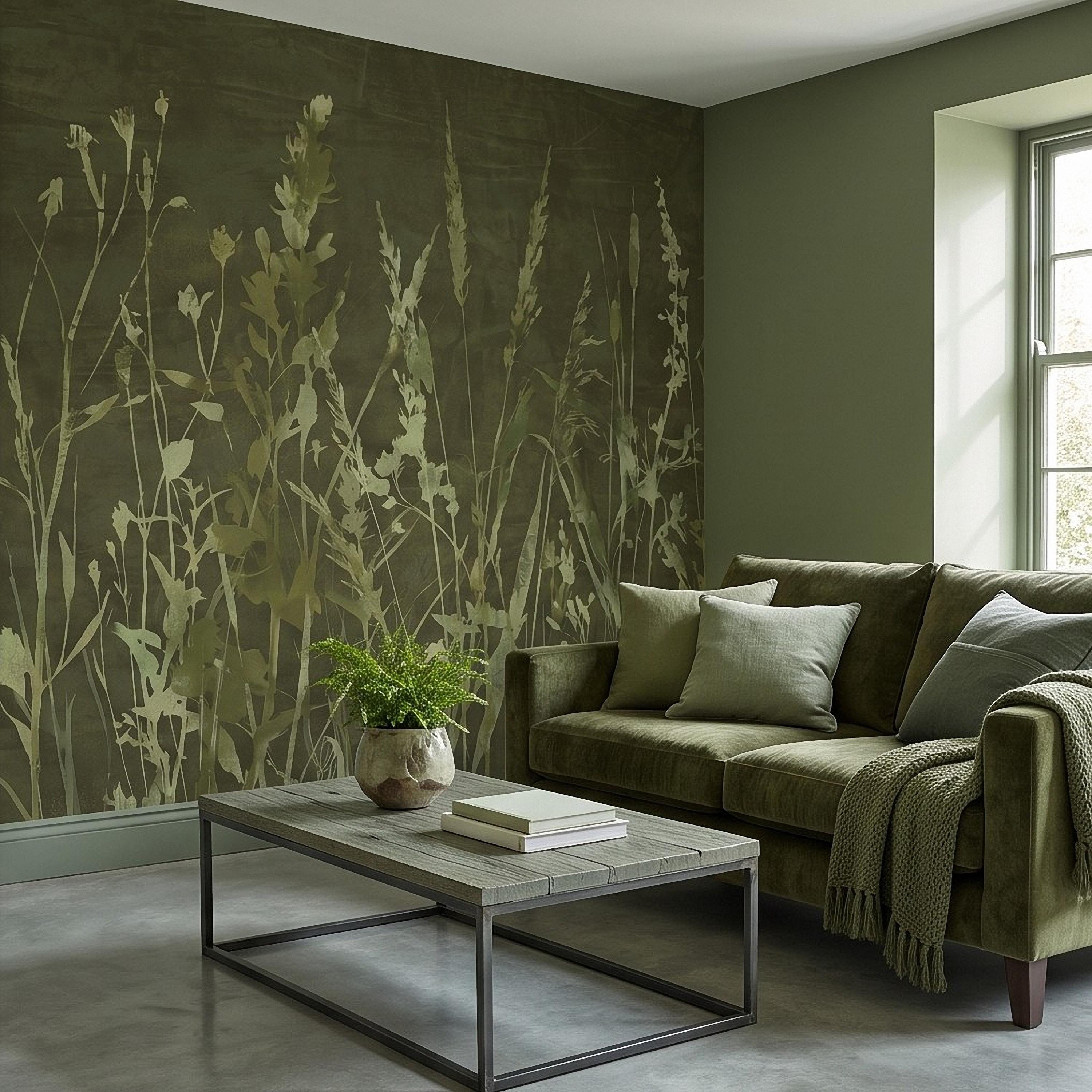 Olive Green Wildflower Peel and Stick Wall Mural, Botanical Meadow Grasses Watercolor Silhouettes Earthy Nature Modern Rustic Wallpaper