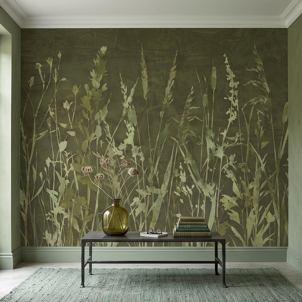 Olive Green Wildflower Peel and Stick Wall Mural, Botanical Meadow Grasses Watercolor Silhouettes Earthy Nature Modern Rustic Wallpaper