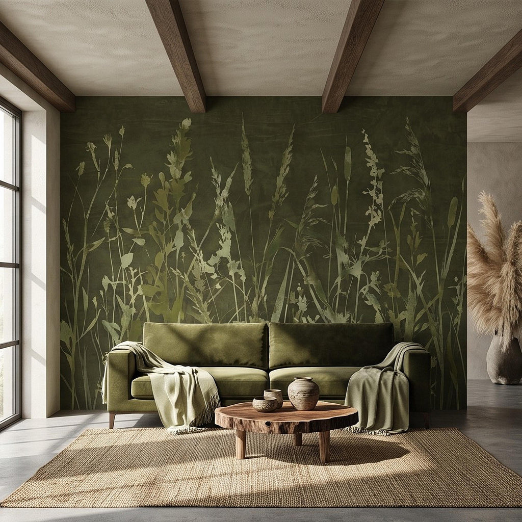Olive Green Wildflower Peel and Stick Wall Mural, Botanical Meadow Grasses Watercolor Silhouettes Earthy Nature Modern Rustic Wallpaper