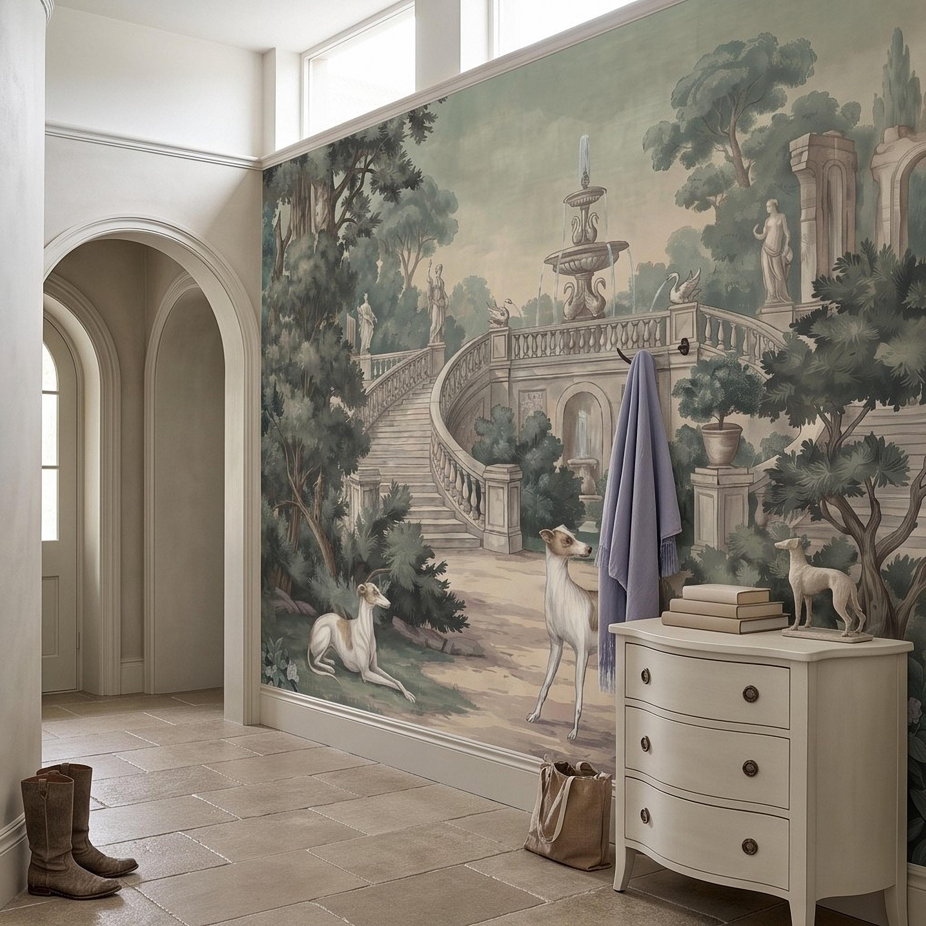 Italian Garden Peel and Stick Wall Mural, Greyhound Dogs Classical Fountain Statues Romantic European Landscape Vintage Scenic Wallpaper