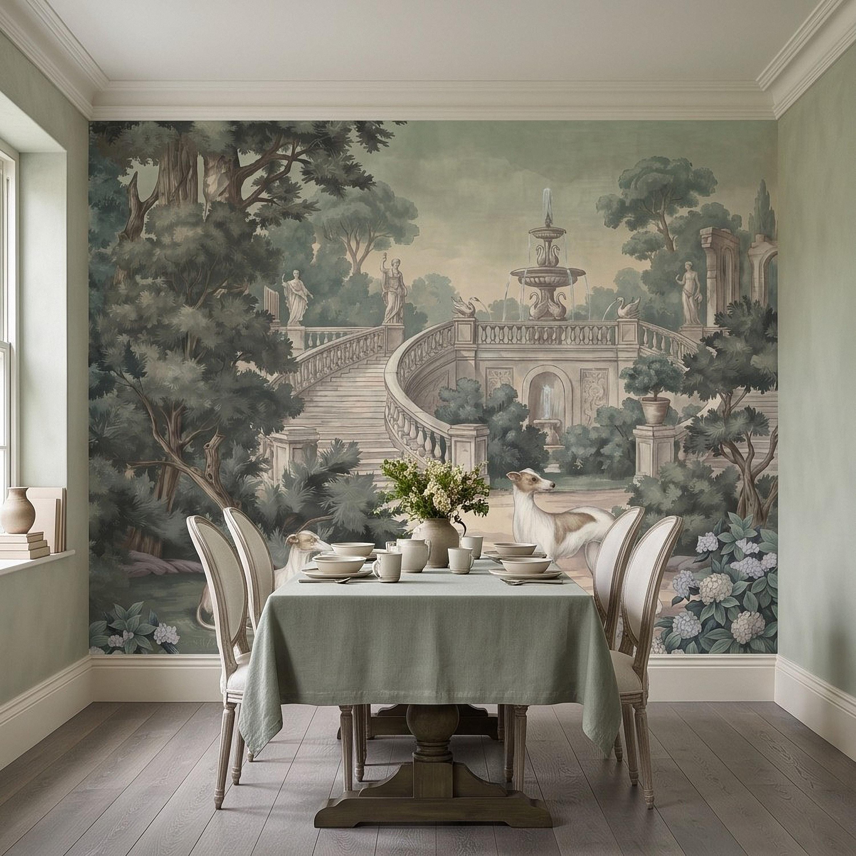 Italian Garden Peel and Stick Wall Mural, Greyhound Dogs Classical Fountain Statues Romantic European Landscape Vintage Scenic Wallpaper