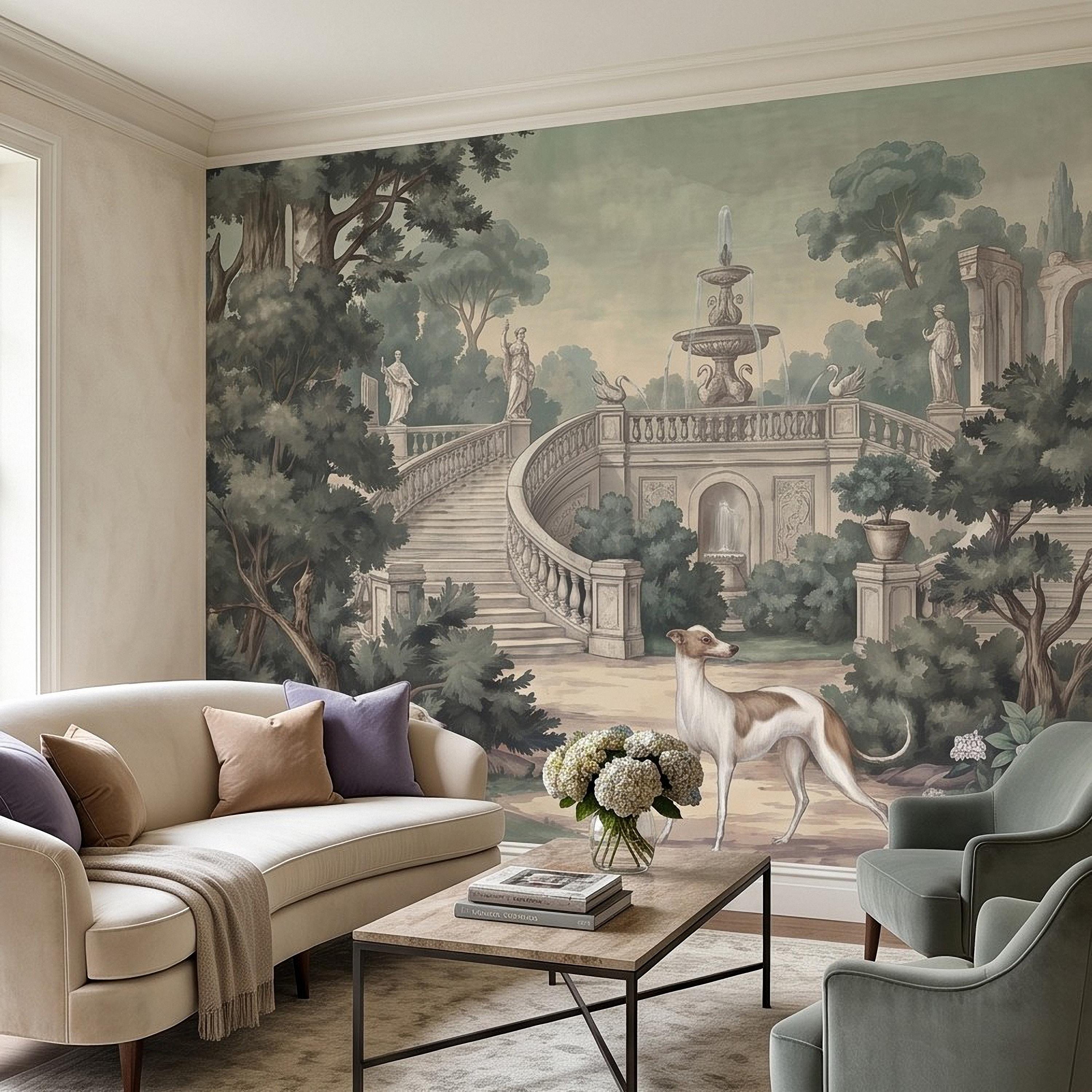 Italian Garden Peel and Stick Wall Mural, Greyhound Dogs Classical Fountain Statues Romantic European Landscape Vintage Scenic Wallpaper