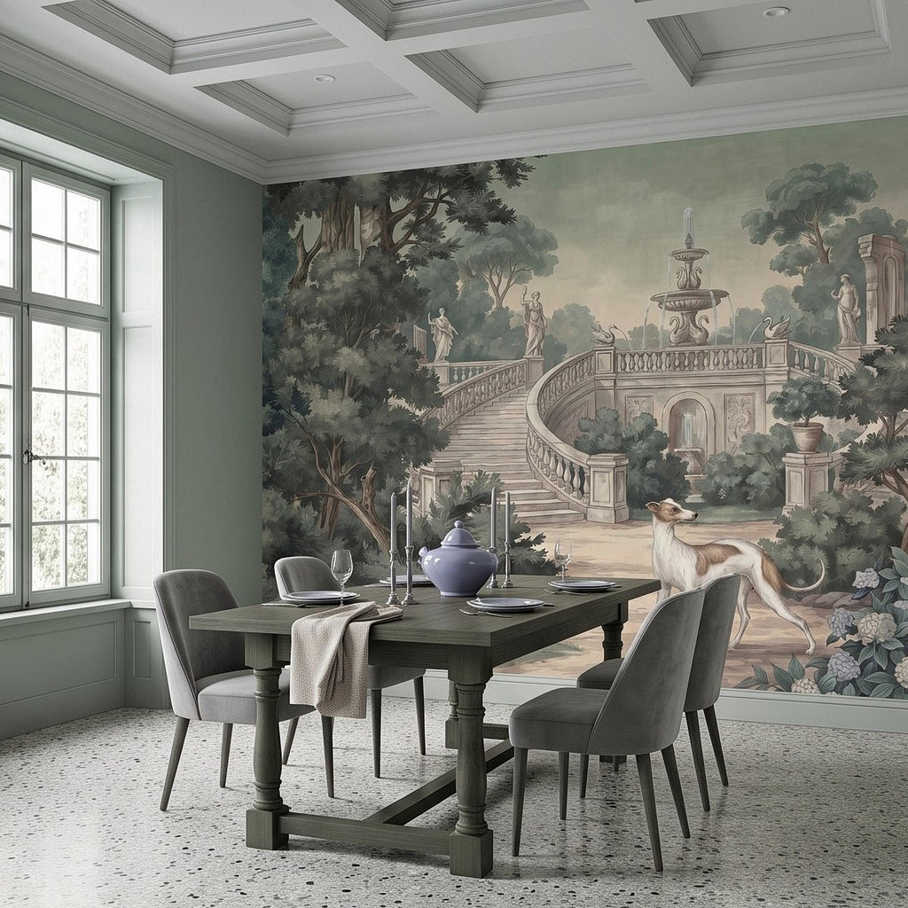 Italian Garden Peel and Stick Wall Mural, Greyhound Dogs Classical Fountain Statues Romantic European Landscape Vintage Scenic Wallpaper