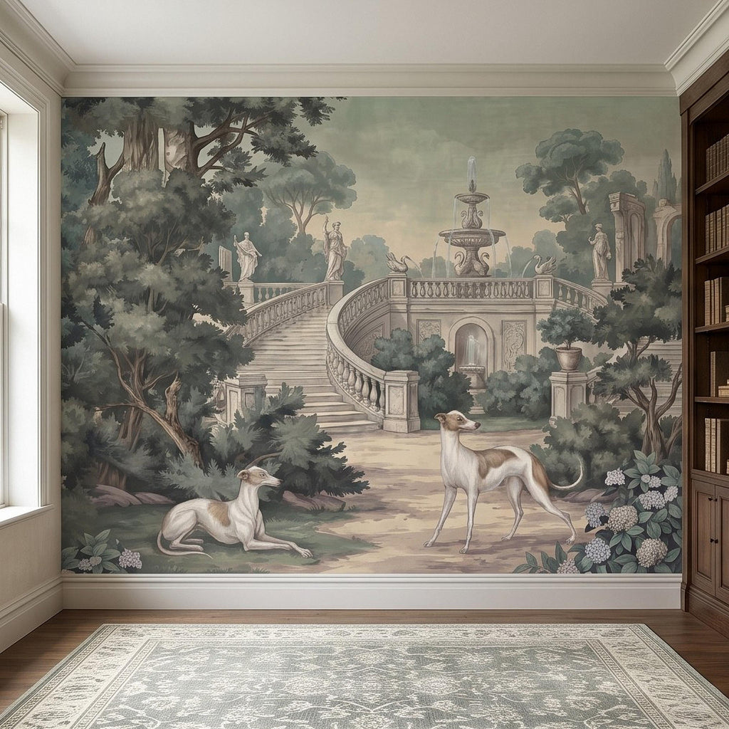 Italian Garden Peel and Stick Wall Mural, Greyhound Dogs Classical Fountain Statues Romantic European Landscape Vintage Scenic Wallpaper