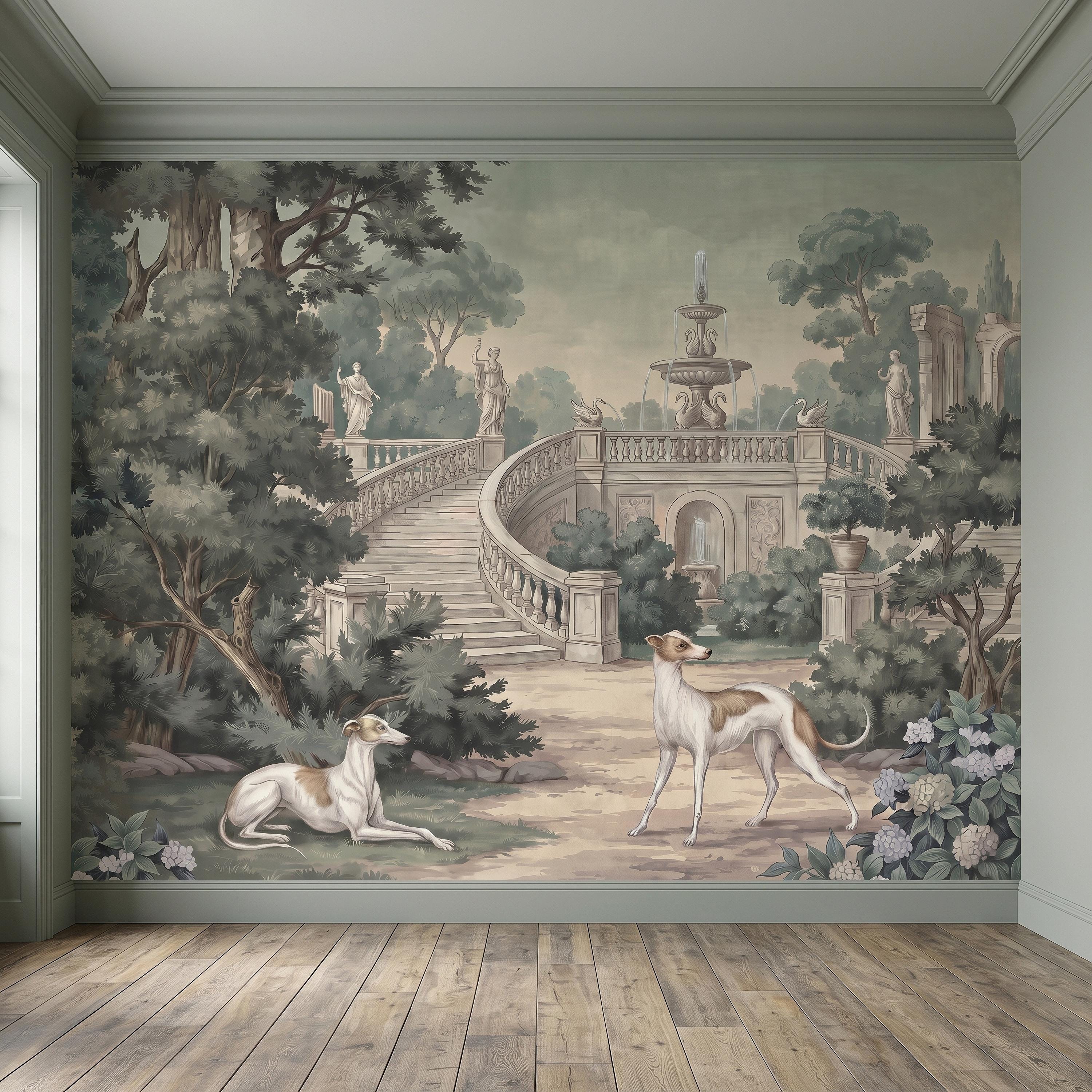 Italian Garden Peel and Stick Wall Mural, Greyhound Dogs Classical Fountain Statues Romantic European Landscape Vintage Scenic Wallpaper