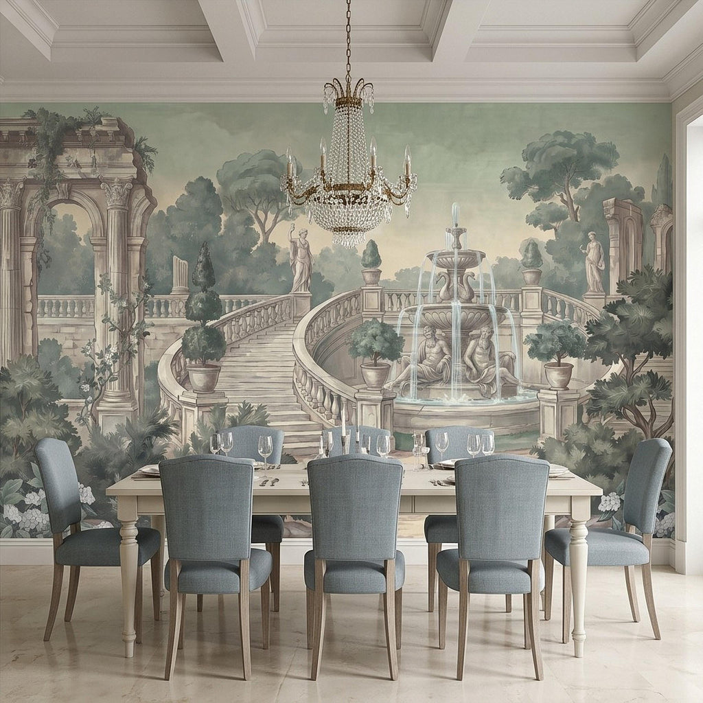 Italian Garden Peel and Stick Wall Mural, Greyhound Dogs Classical Fountain Statues European Villa Landscape Romantic Vintage Wallpaper