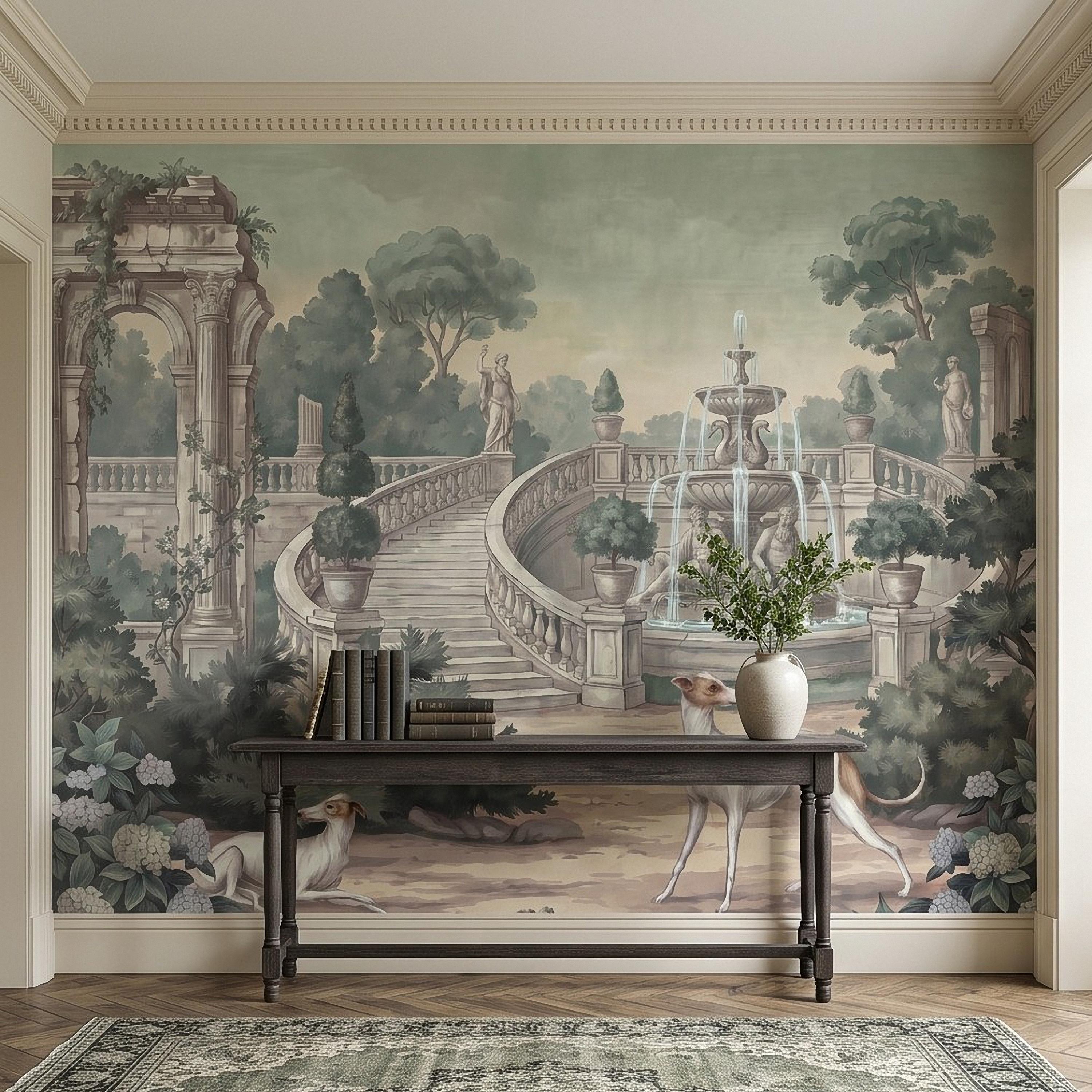 Italian Garden Peel and Stick Wall Mural, Greyhound Dogs Classical Fountain Statues European Villa Landscape Romantic Vintage Wallpaper