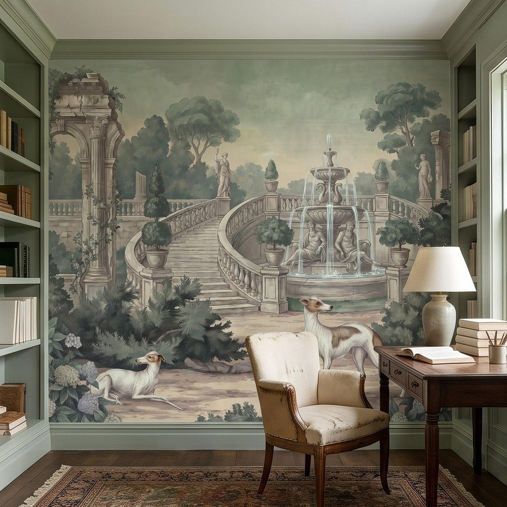 Italian Garden Peel and Stick Wall Mural, Greyhound Dogs Classical Fountain Statues European Villa Landscape Romantic Vintage Wallpaper