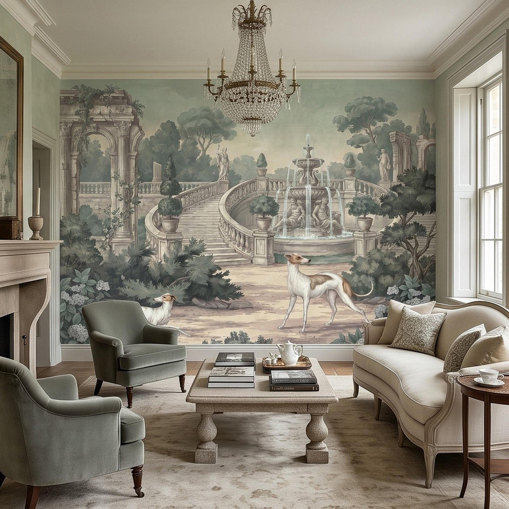 Italian Garden Peel and Stick Wall Mural, Greyhound Dogs Classical Fountain Statues European Villa Landscape Romantic Vintage Wallpaper