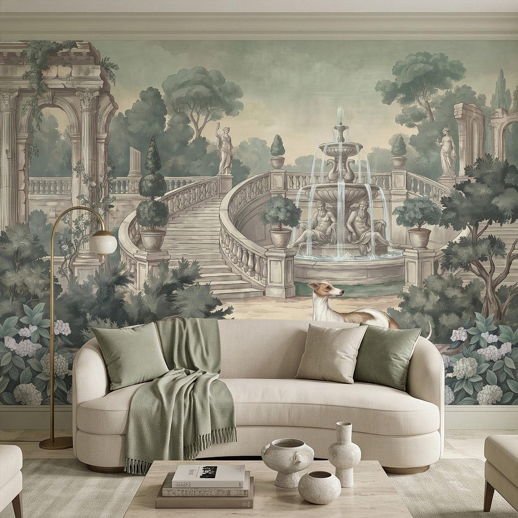 Italian Garden Peel and Stick Wall Mural, Greyhound Dogs Classical Fountain Statues European Villa Landscape Romantic Vintage Wallpaper
