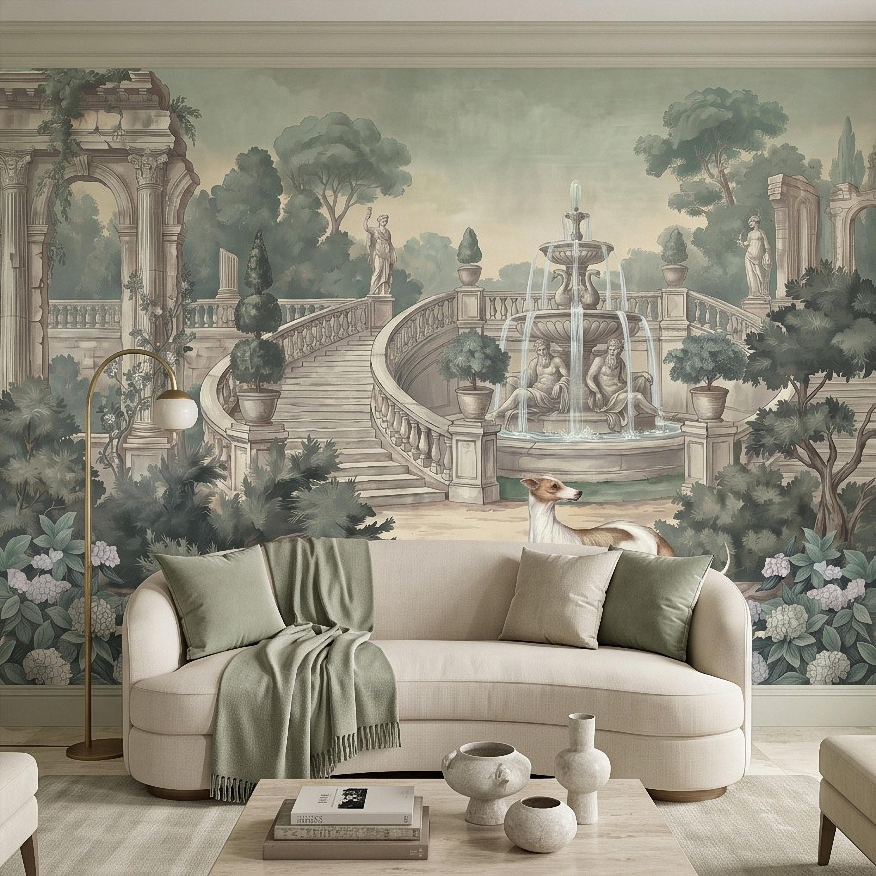 Italian Garden Peel and Stick Wall Mural, Greyhound Dogs Classical Fountain Statues European Villa Landscape Romantic Vintage Wallpaper