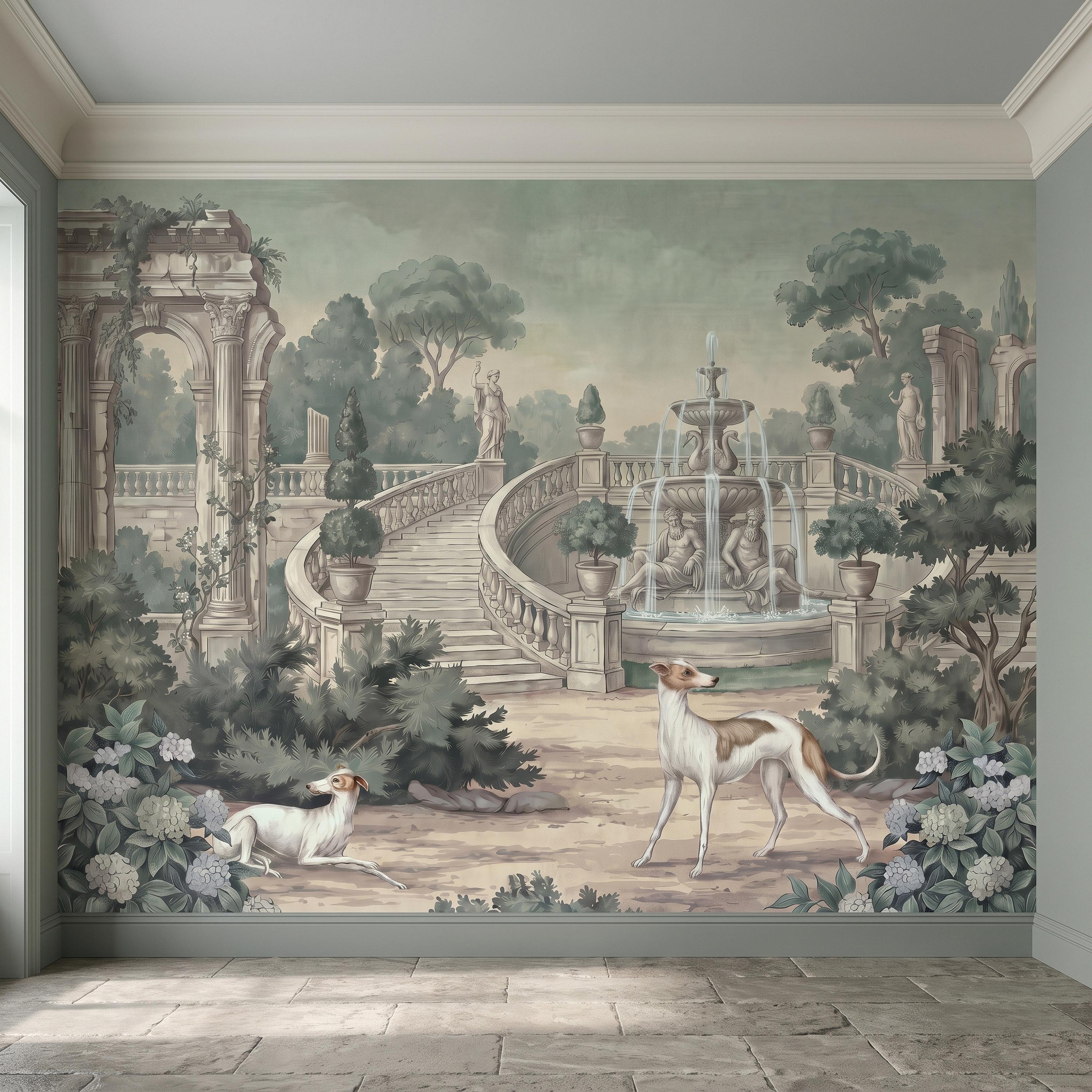 Italian Garden Peel and Stick Wall Mural, Greyhound Dogs Classical Fountain Statues European Villa Landscape Romantic Vintage Wallpaper