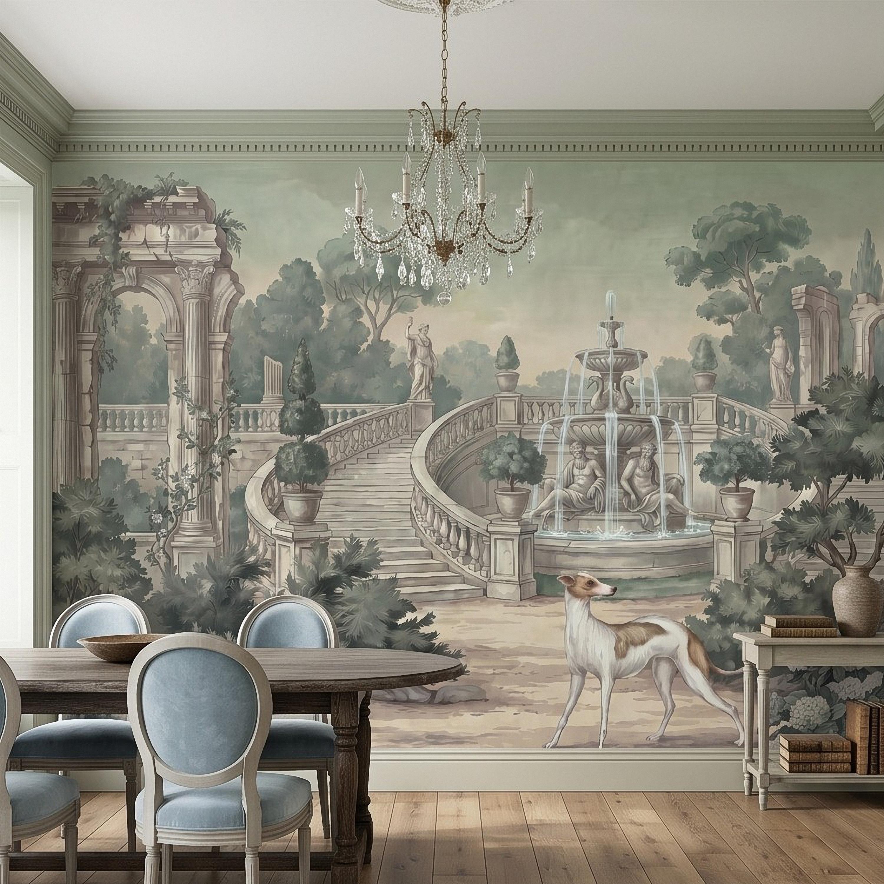 Italian Garden Peel and Stick Wall Mural, Greyhound Dogs Classical Fountain Statues European Villa Landscape Romantic Vintage Wallpaper