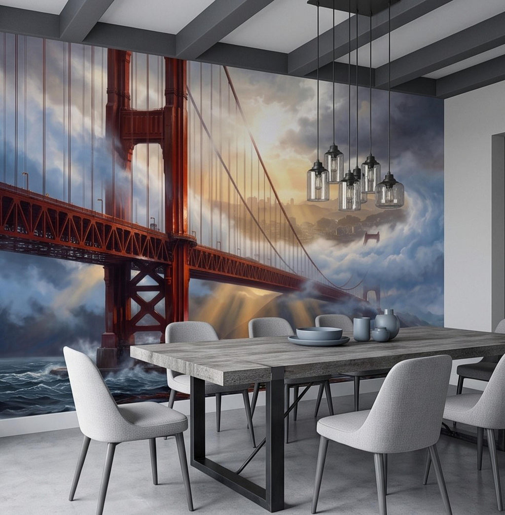 Golden Gate Bridge Peel and Stick Wall Mural, San Francisco Foggy Bay Ocean Waves California Coastal Dramatic Sunset Scenic Wallpaper