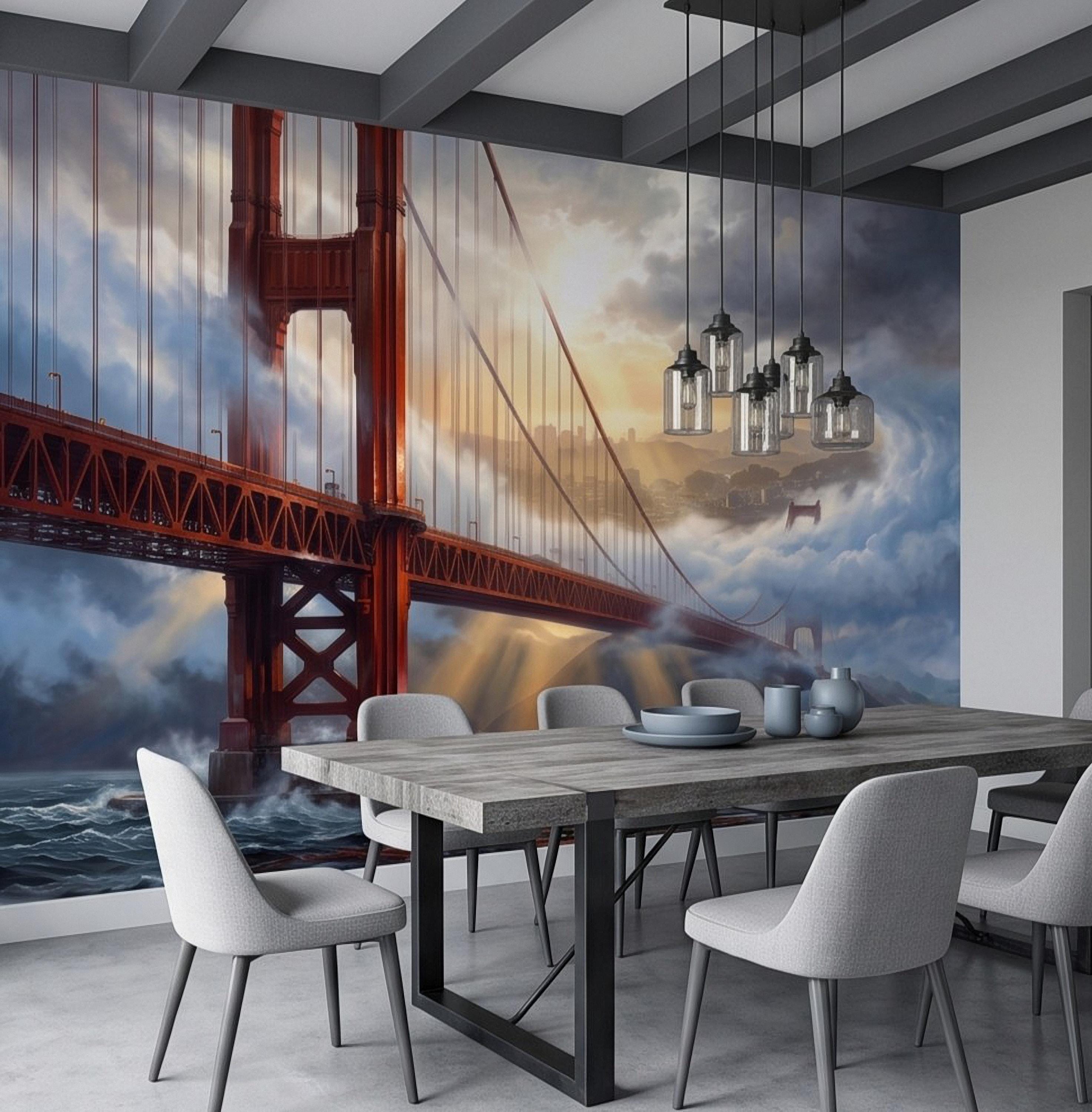 Golden Gate Bridge Peel and Stick Wall Mural, San Francisco Foggy Bay Ocean Waves California Coastal Dramatic Sunset Scenic Wallpaper