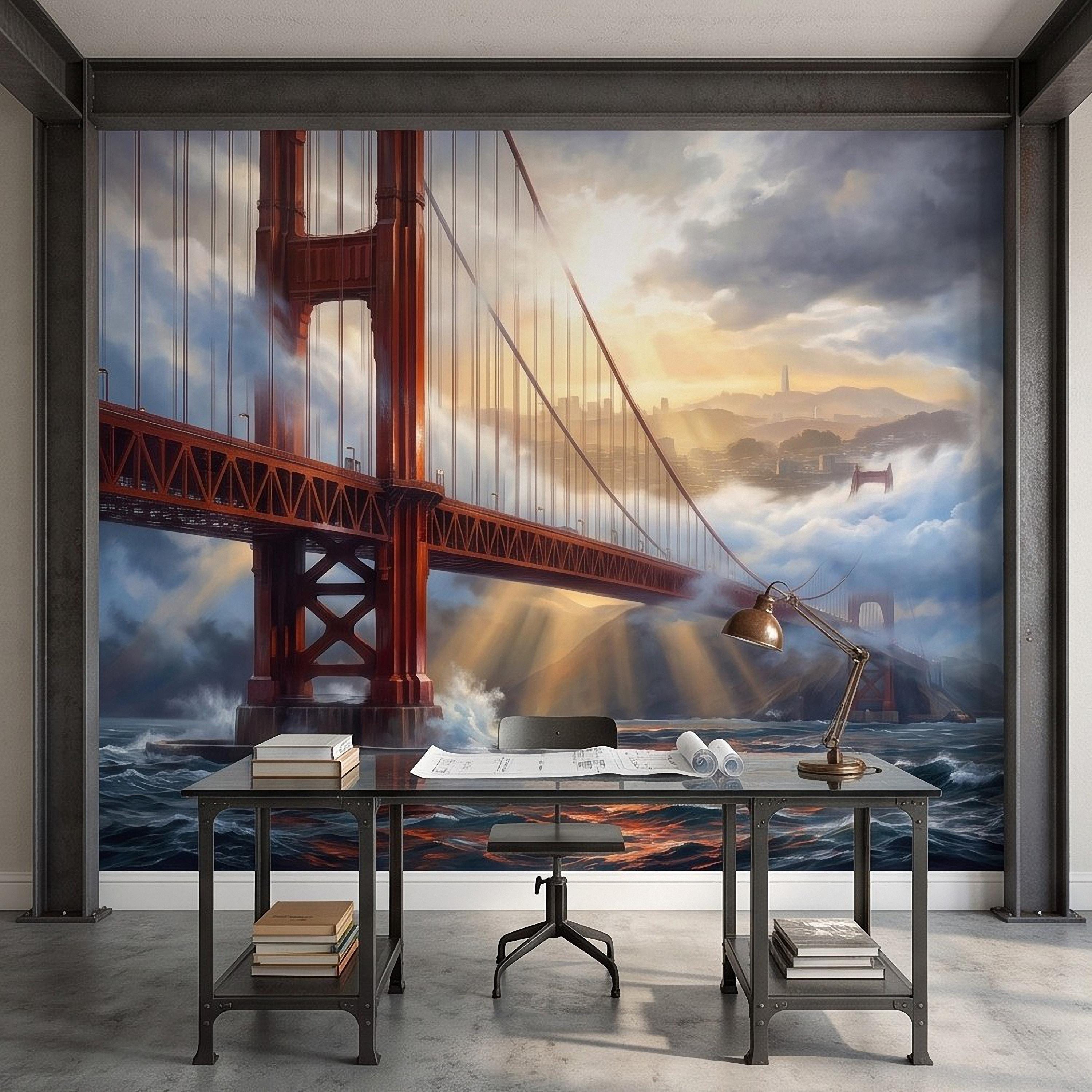 Golden Gate Bridge Peel and Stick Wall Mural, San Francisco Foggy Bay Ocean Waves California Coastal Dramatic Sunset Scenic Wallpaper