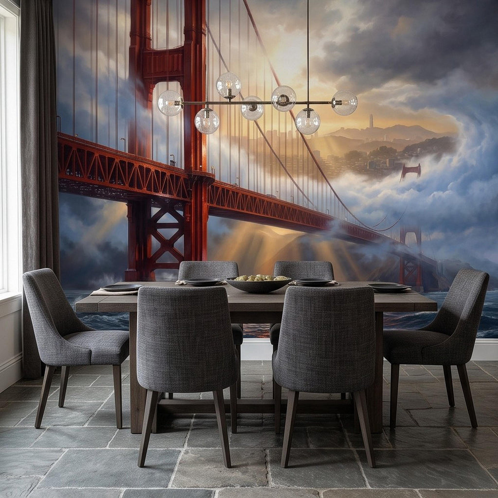 Golden Gate Bridge Peel and Stick Wall Mural, San Francisco Foggy Bay Ocean Waves California Coastal Dramatic Sunset Scenic Wallpaper