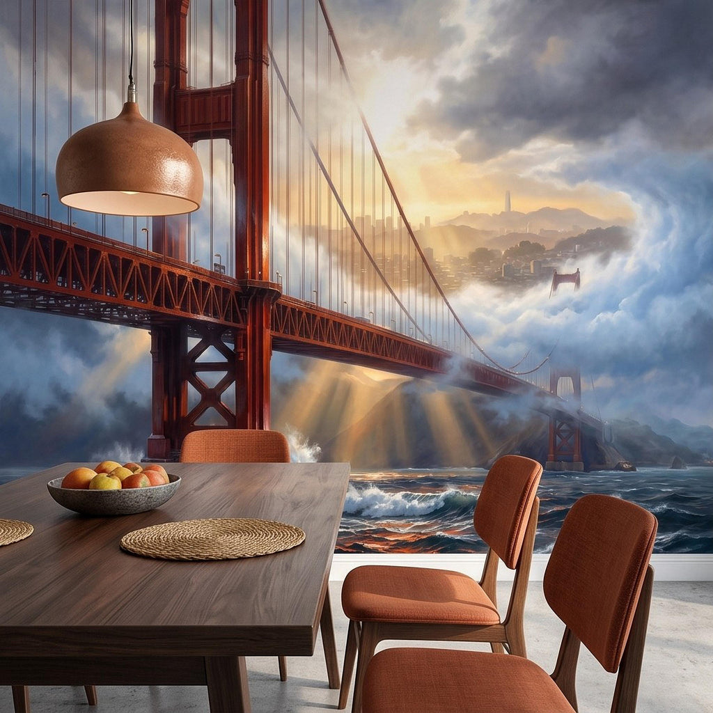 Golden Gate Bridge Peel and Stick Wall Mural, San Francisco Foggy Bay Ocean Waves California Coastal Dramatic Sunset Scenic Wallpaper