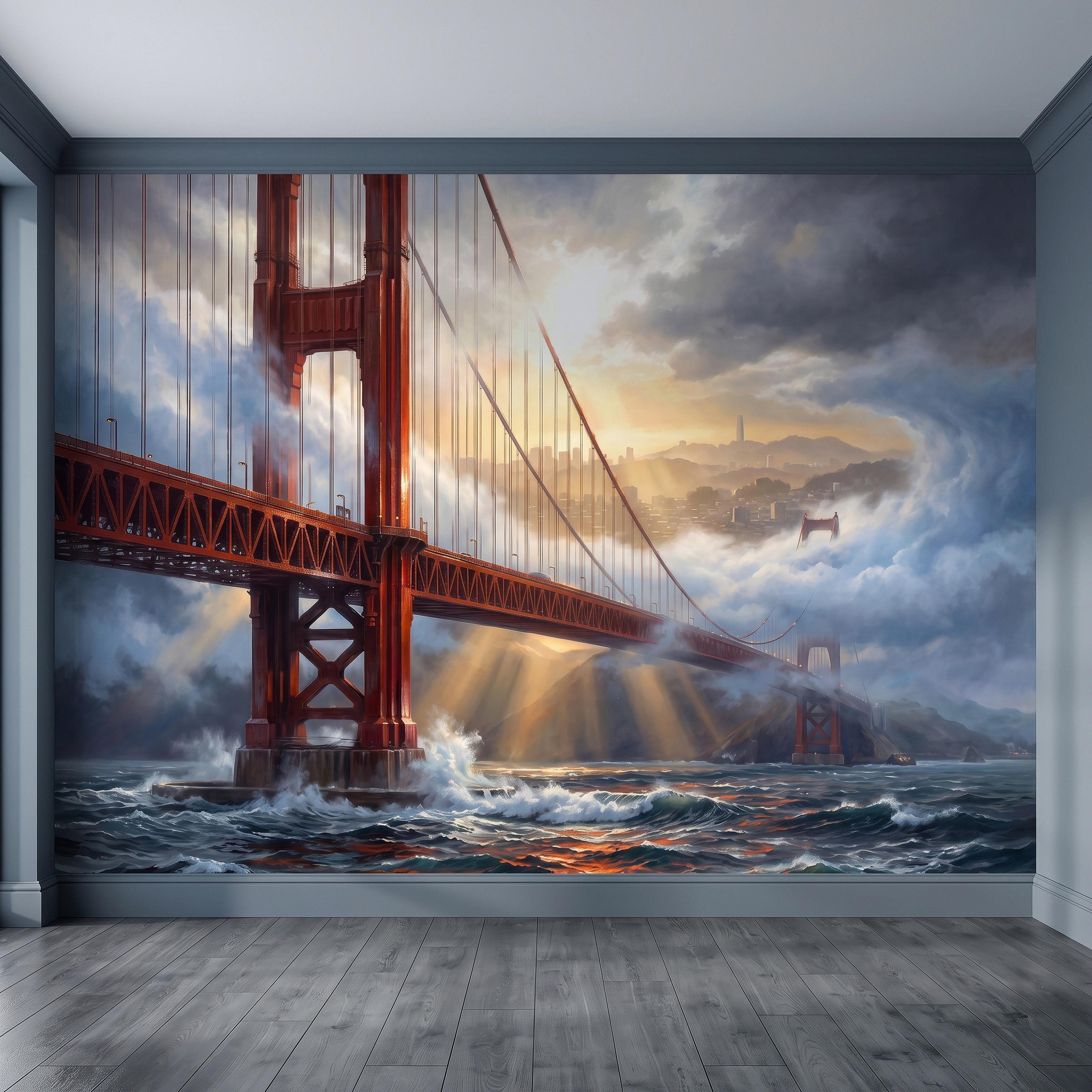 Golden Gate Bridge Peel and Stick Wall Mural, San Francisco Foggy Bay Ocean Waves California Coastal Dramatic Sunset Scenic Wallpaper