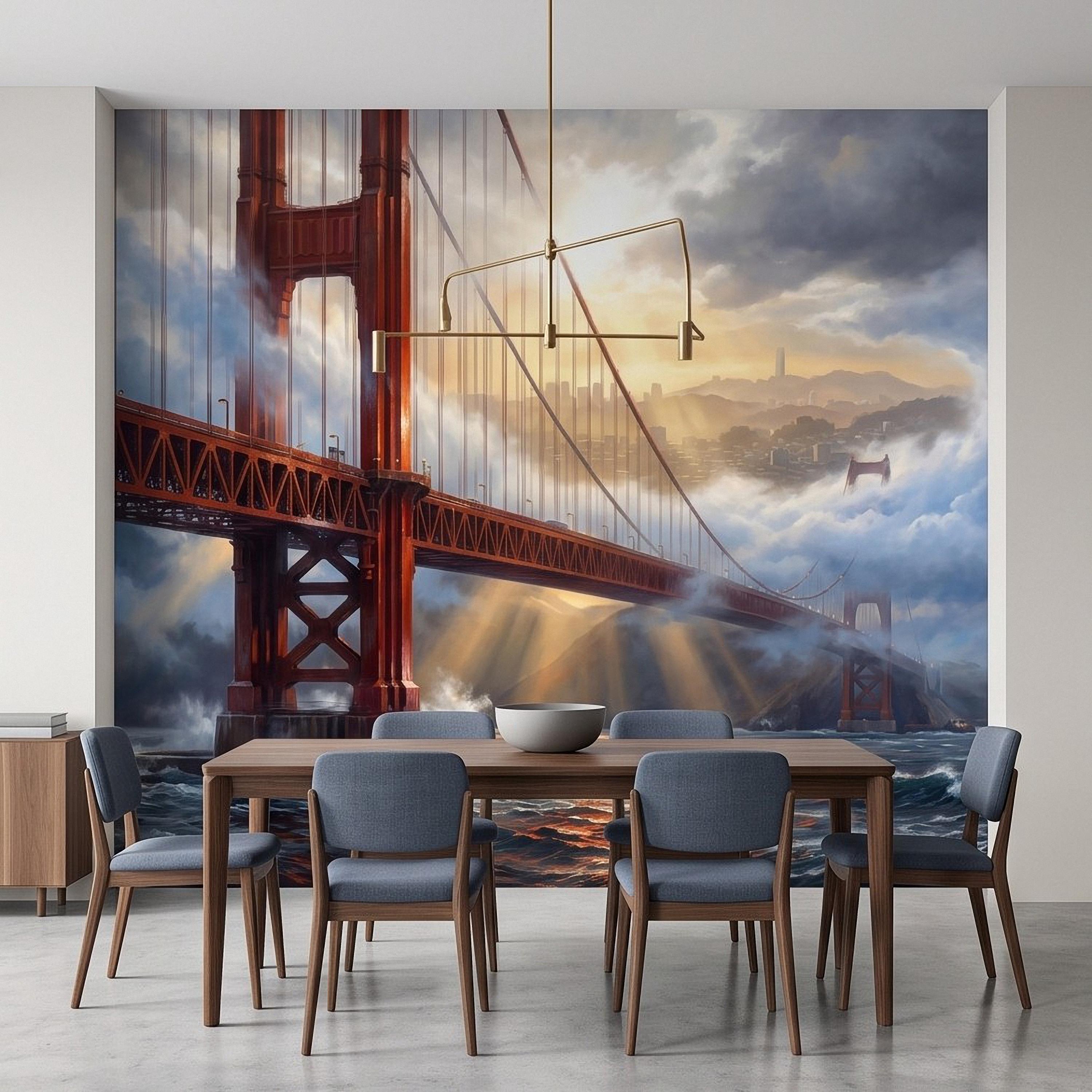 Golden Gate Bridge Peel and Stick Wall Mural, San Francisco Foggy Bay Ocean Waves California Coastal Dramatic Sunset Scenic Wallpaper