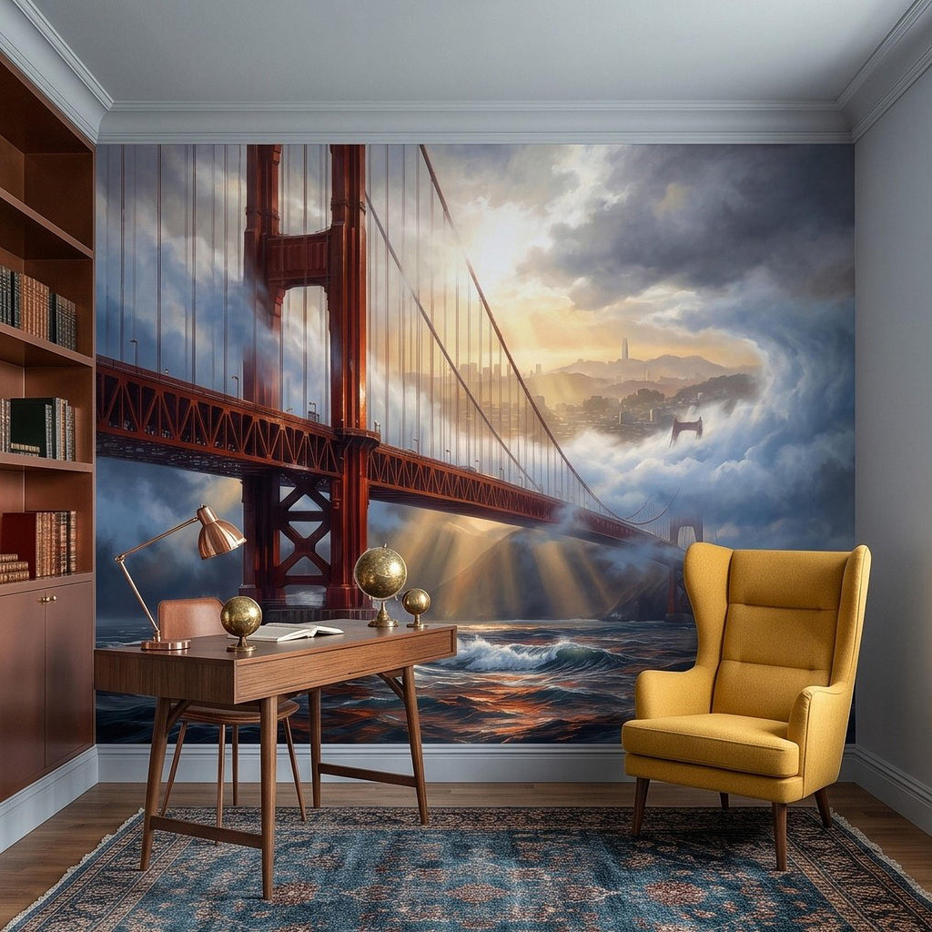 Golden Gate Bridge Peel and Stick Wall Mural, San Francisco Foggy Bay Ocean Waves California Coastal Dramatic Sunset Scenic Wallpaper