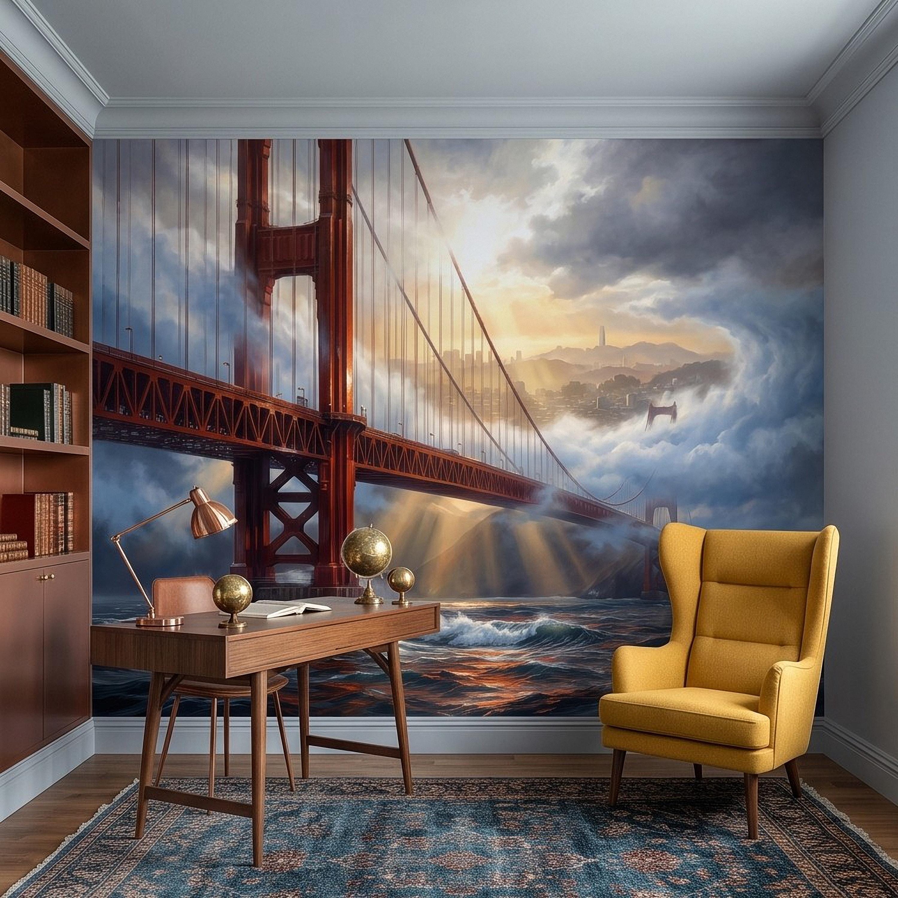 Golden Gate Bridge Peel and Stick Wall Mural, San Francisco Foggy Bay Ocean Waves California Coastal Dramatic Sunset Scenic Wallpaper