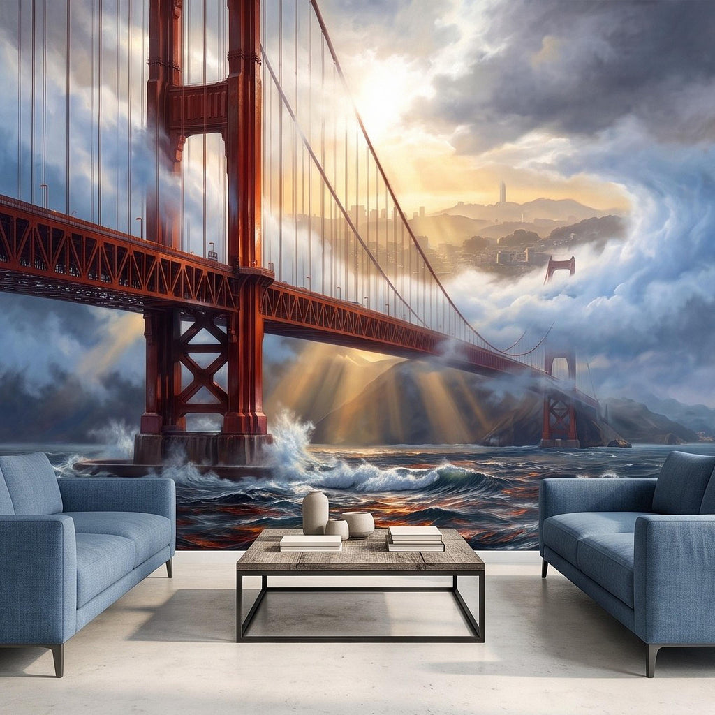 Golden Gate Bridge Peel and Stick Wall Mural, San Francisco Foggy Bay Ocean Waves California Coastal Dramatic Sunset Scenic Wallpaper