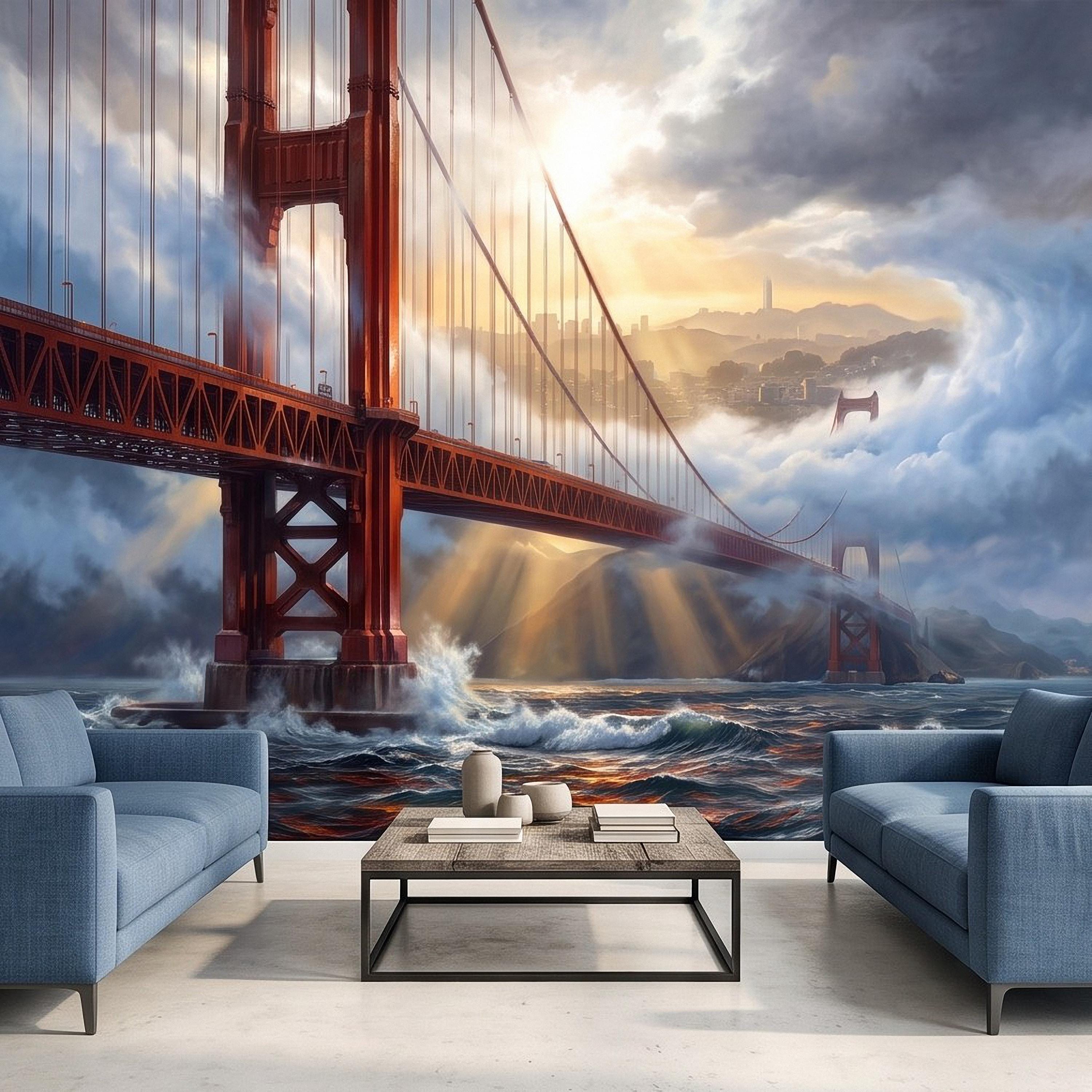 Golden Gate Bridge Peel and Stick Wall Mural, San Francisco Foggy Bay Ocean Waves California Coastal Dramatic Sunset Scenic Wallpaper