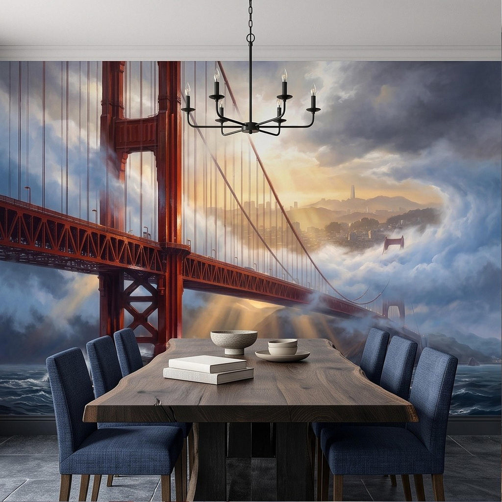 Golden Gate Bridge Peel and Stick Wall Mural, San Francisco Foggy Bay Ocean Waves California Coastal Dramatic Sunset Scenic Wallpaper