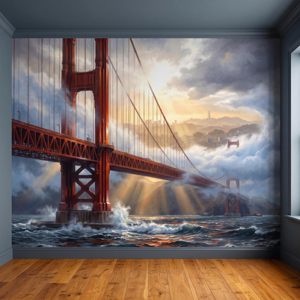 Golden Gate Bridge Peel and Stick Wall Mural, San Francisco Foggy Bay Ocean Waves California Coastal Dramatic Sunset Scenic Wallpaper
