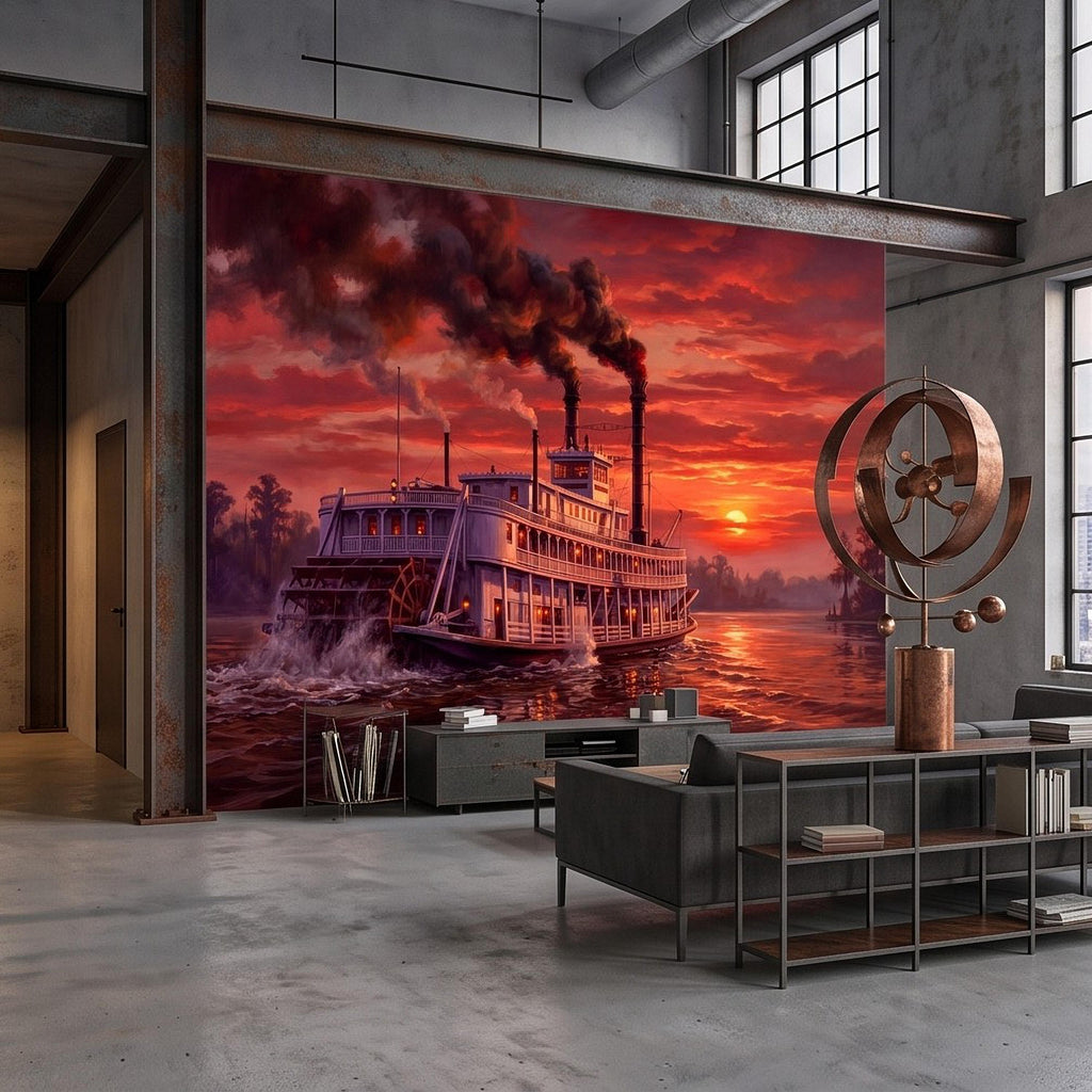 Mississippi Riverboat Peel and Stick Wall Mural, Vintage Paddle Steamer Southern River Old South Dramatic Sunset Americana Scenic Wallpaper