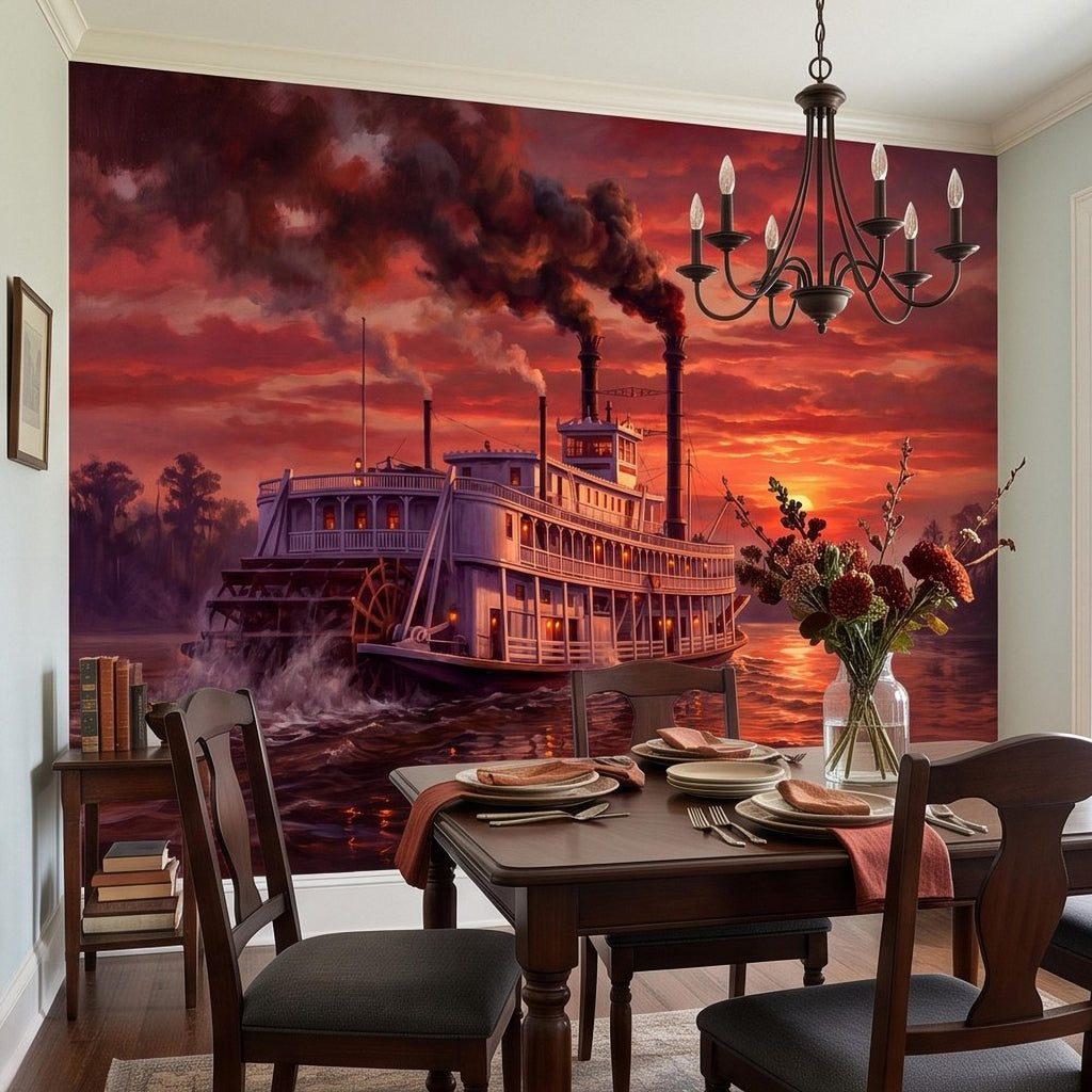 Mississippi Riverboat Peel and Stick Wall Mural, Vintage Paddle Steamer Southern River Old South Dramatic Sunset Americana Scenic Wallpaper