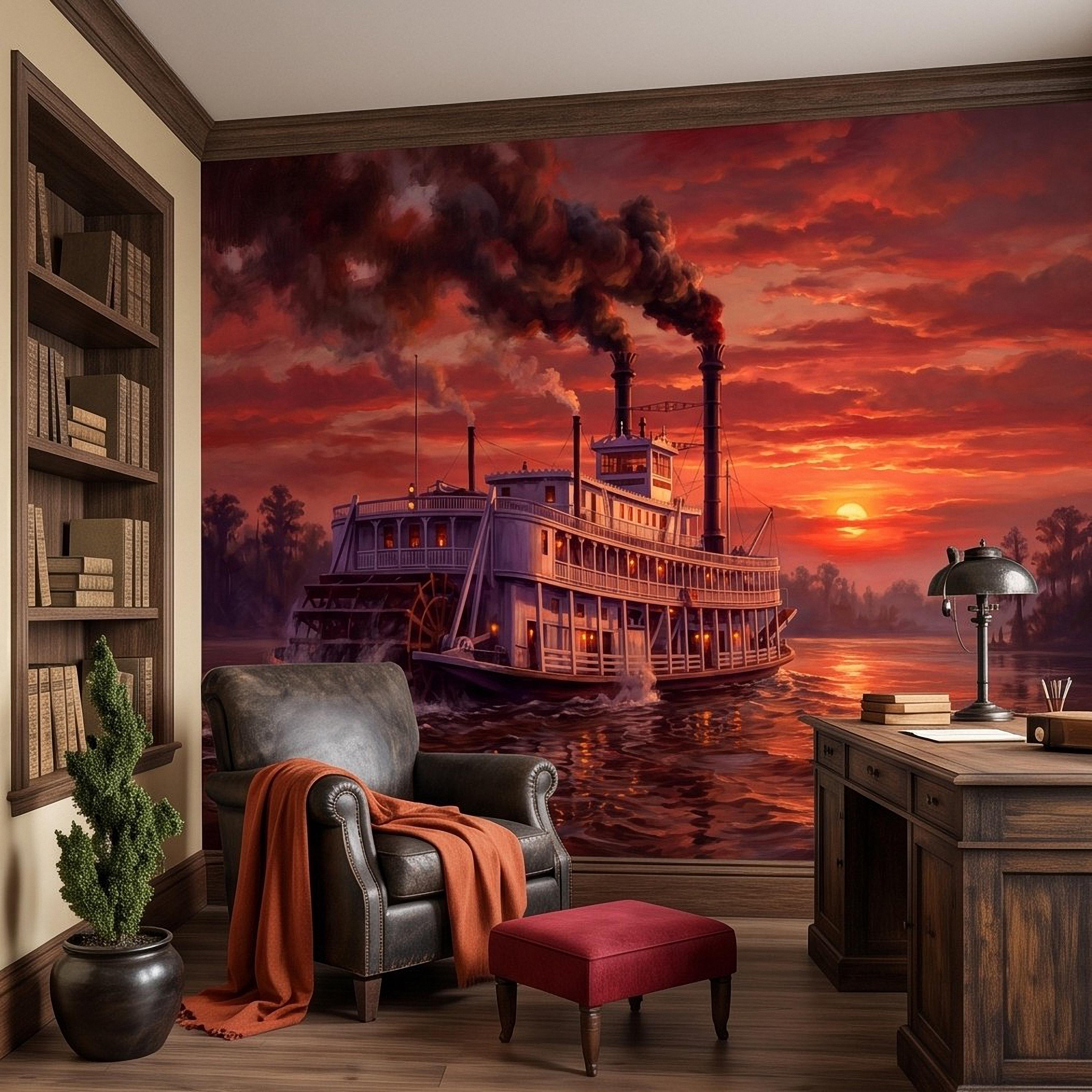 Mississippi Riverboat Peel and Stick Wall Mural, Vintage Paddle Steamer Southern River Old South Dramatic Sunset Americana Scenic Wallpaper