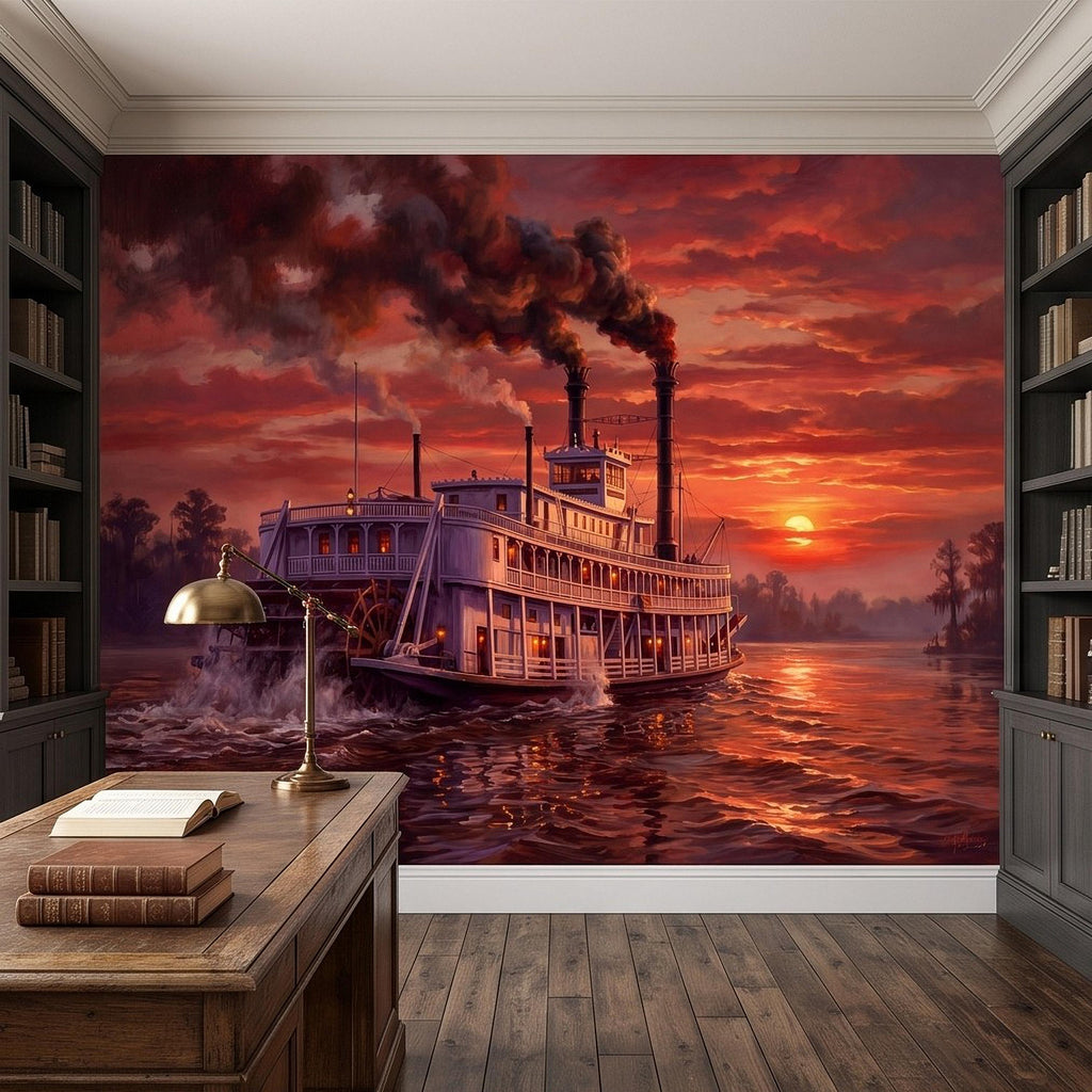 Mississippi Riverboat Peel and Stick Wall Mural, Vintage Paddle Steamer Southern River Old South Dramatic Sunset Americana Scenic Wallpaper