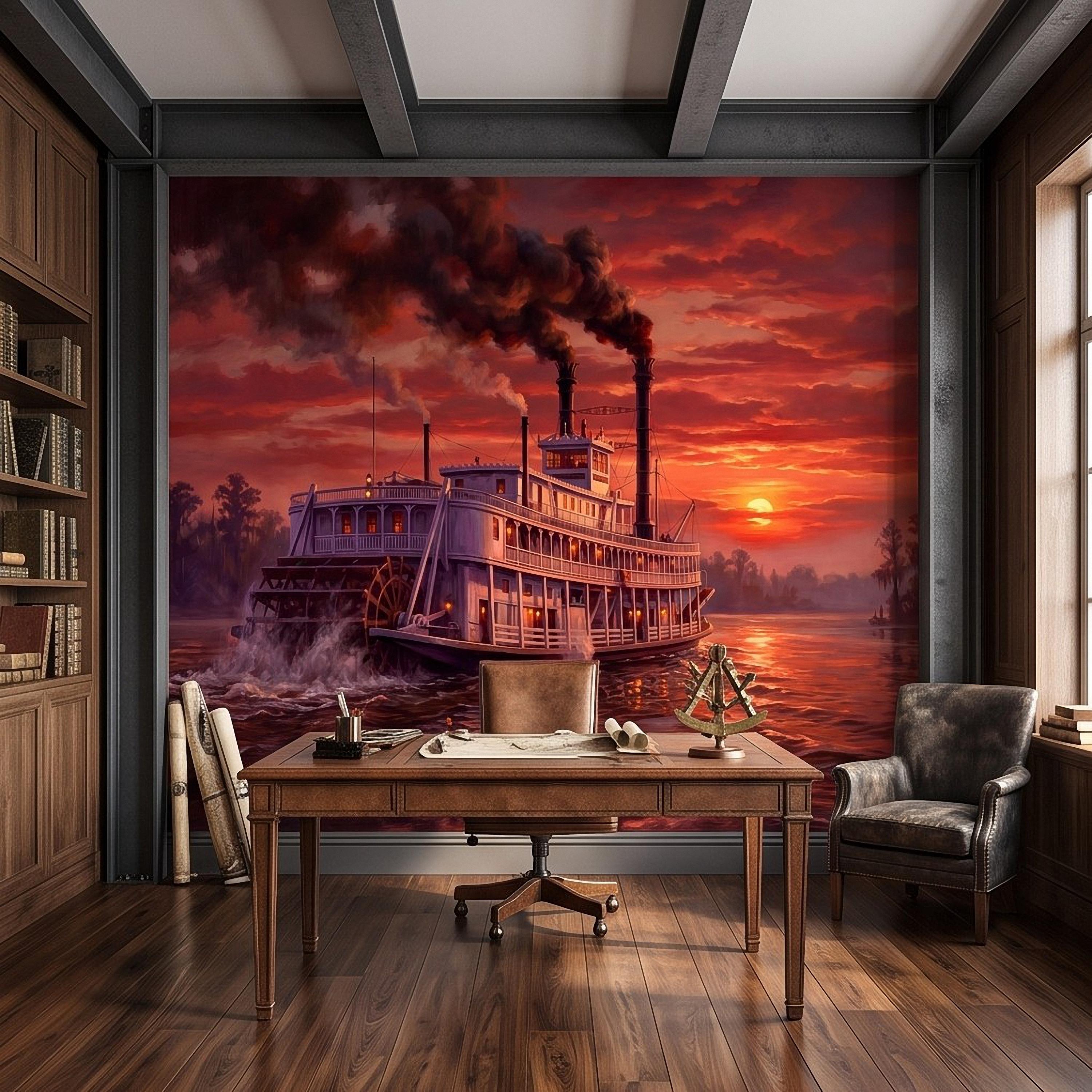 Mississippi Riverboat Peel and Stick Wall Mural, Vintage Paddle Steamer Southern River Old South Dramatic Sunset Americana Scenic Wallpaper