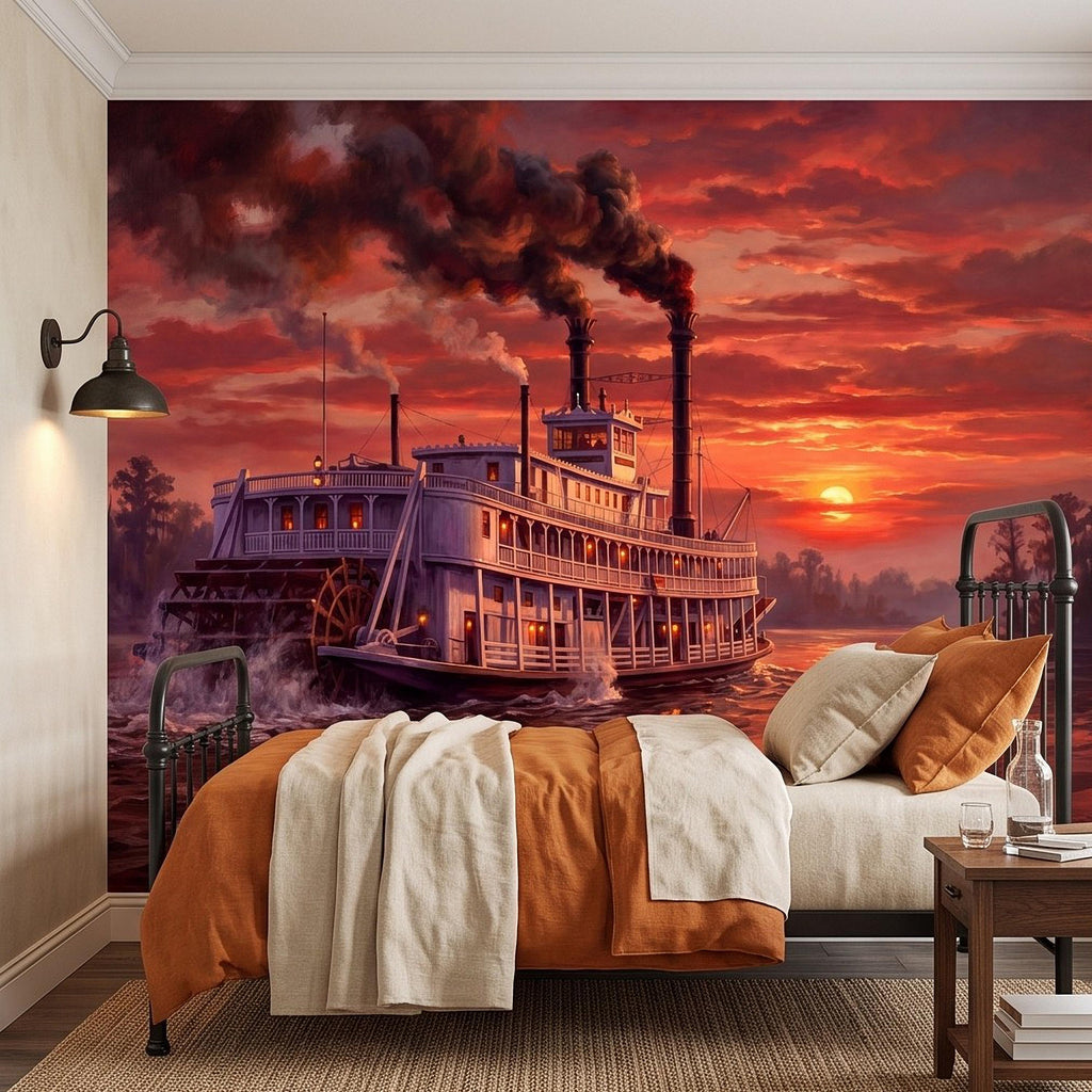 Mississippi Riverboat Peel and Stick Wall Mural, Vintage Paddle Steamer Southern River Old South Dramatic Sunset Americana Scenic Wallpaper