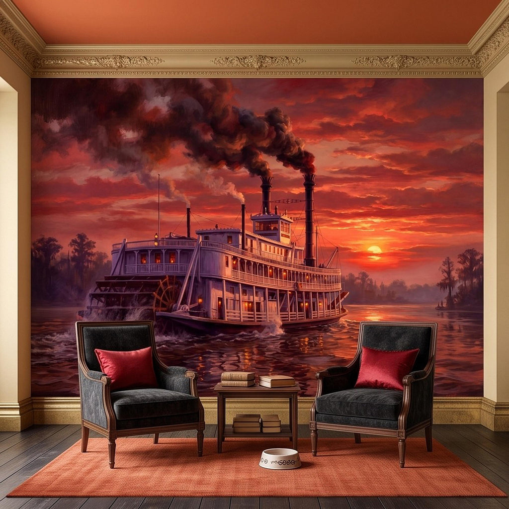 Mississippi Riverboat Peel and Stick Wall Mural, Vintage Paddle Steamer Southern River Old South Dramatic Sunset Americana Scenic Wallpaper