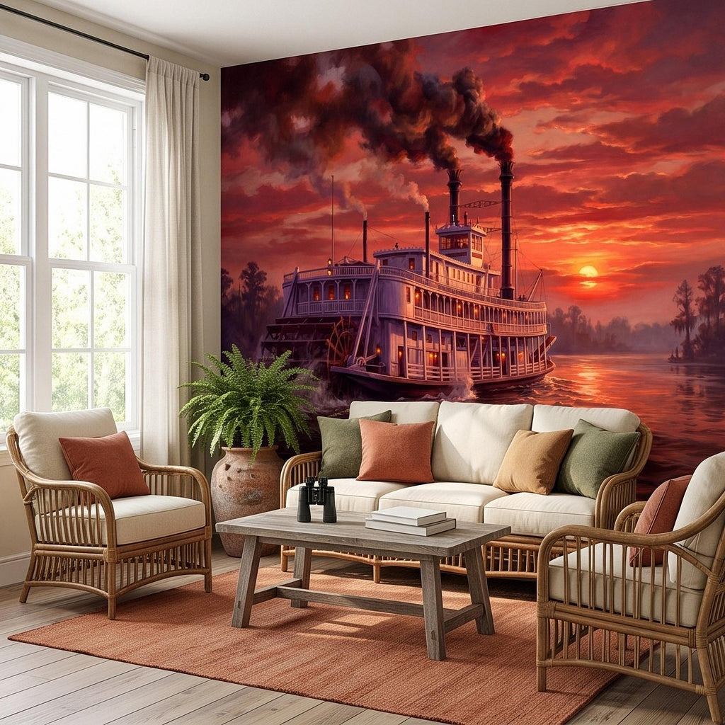 Mississippi Riverboat Peel and Stick Wall Mural, Vintage Paddle Steamer Southern River Old South Dramatic Sunset Americana Scenic Wallpaper