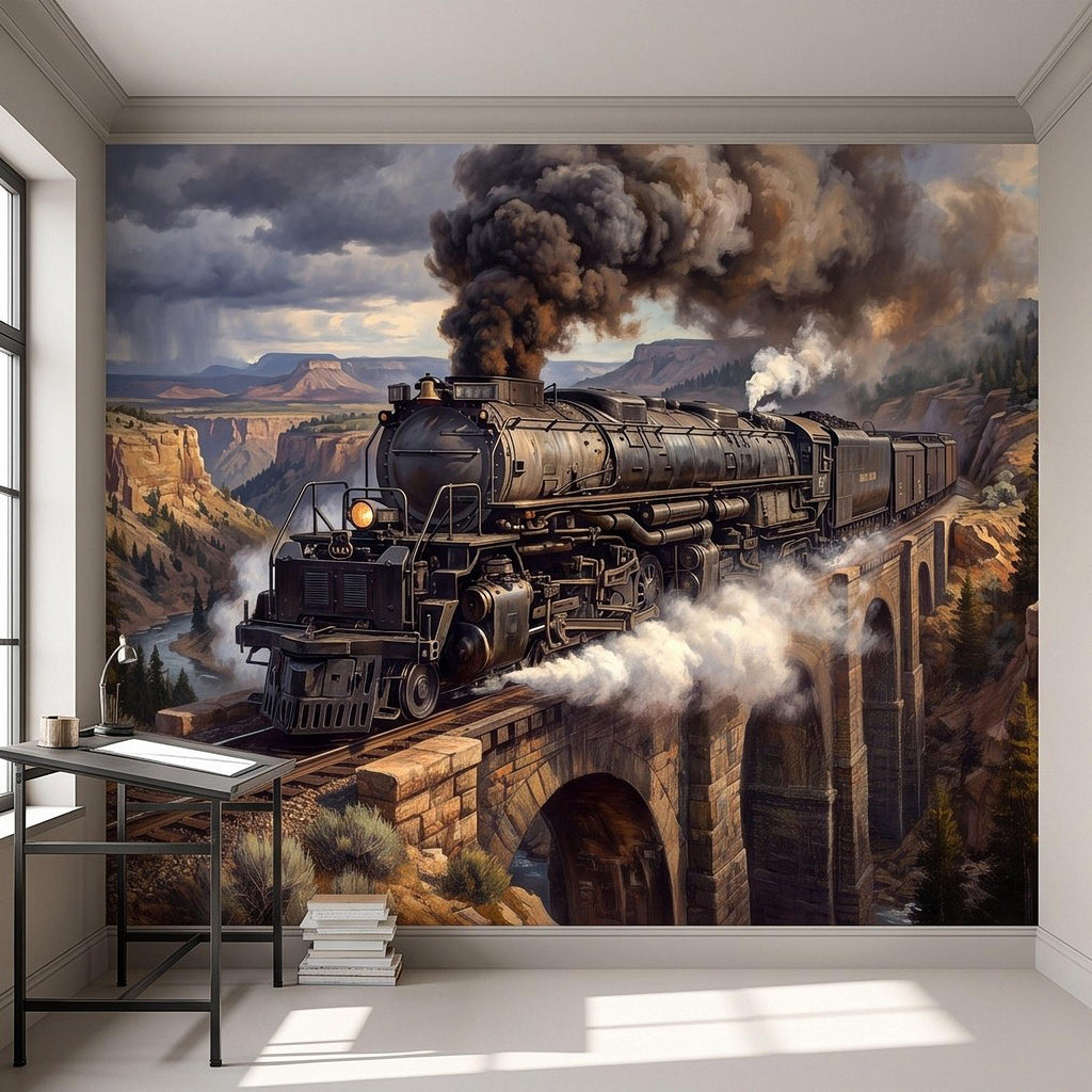 Steam Train Peel and Stick Wall Mural, Vintage Locomotive Mountain Railroad Canyon Bridge American West Railway Scenic Industrial Wallpaper