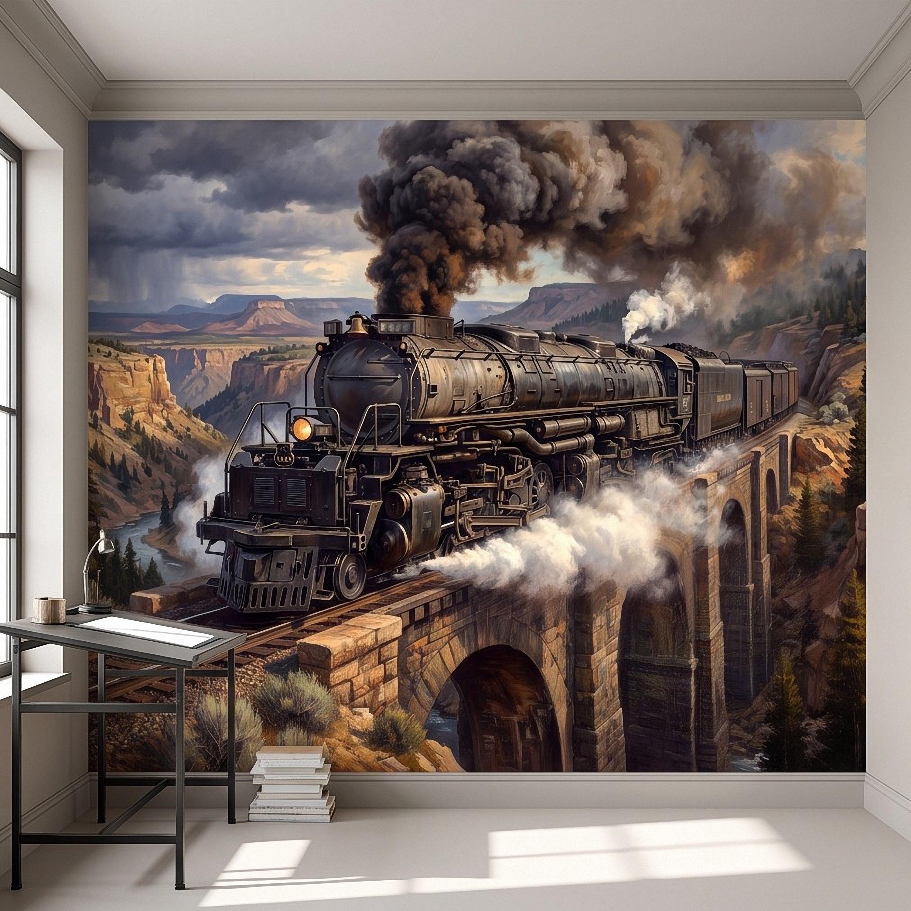 Steam Train Peel and Stick Wall Mural, Vintage Locomotive Mountain Railroad Canyon Bridge American West Railway Scenic Industrial Wallpaper